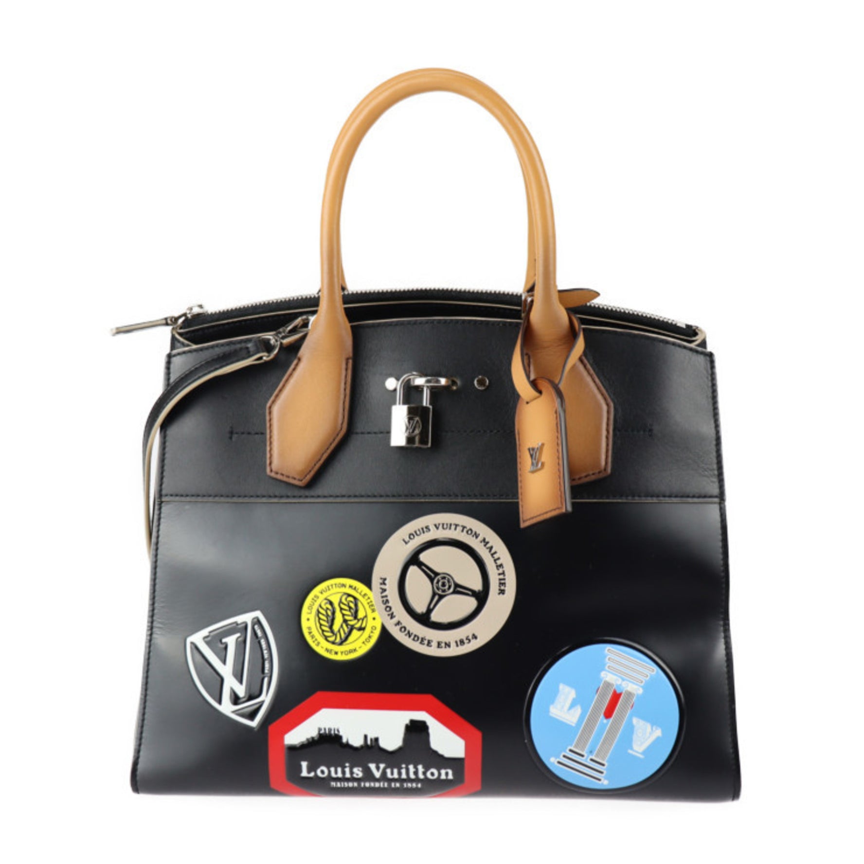 Louis Vuitton City Steamer MM World Tour Collection Handbag Leather Black Multicolor Silver Hardware Shoulder Bag Vuitton