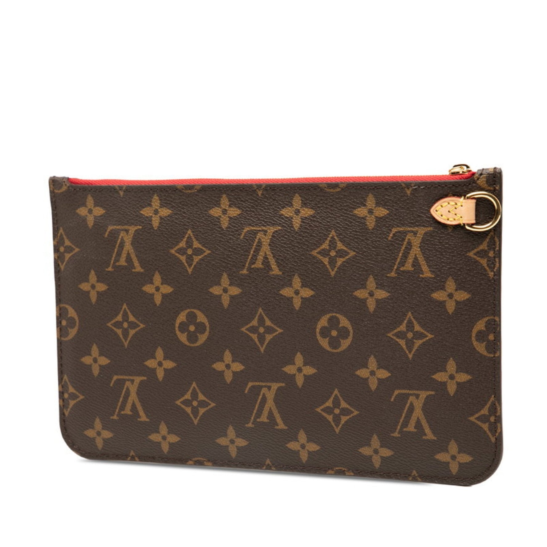 Louis Vuitton Monogram Neverfull MM with attached pouch in brown and red.