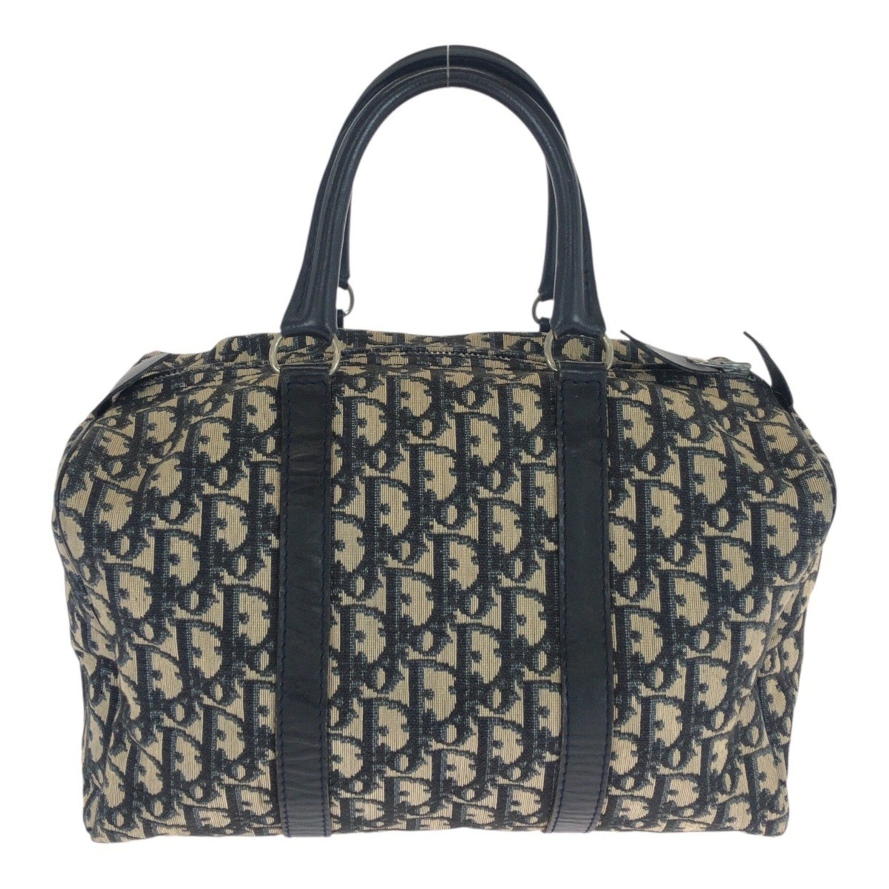 Christian Dior Dior Vintage Trotter Navy Beige with Silver Hardware, Canvas and Leather Tote Bag, Mini Boston Bag