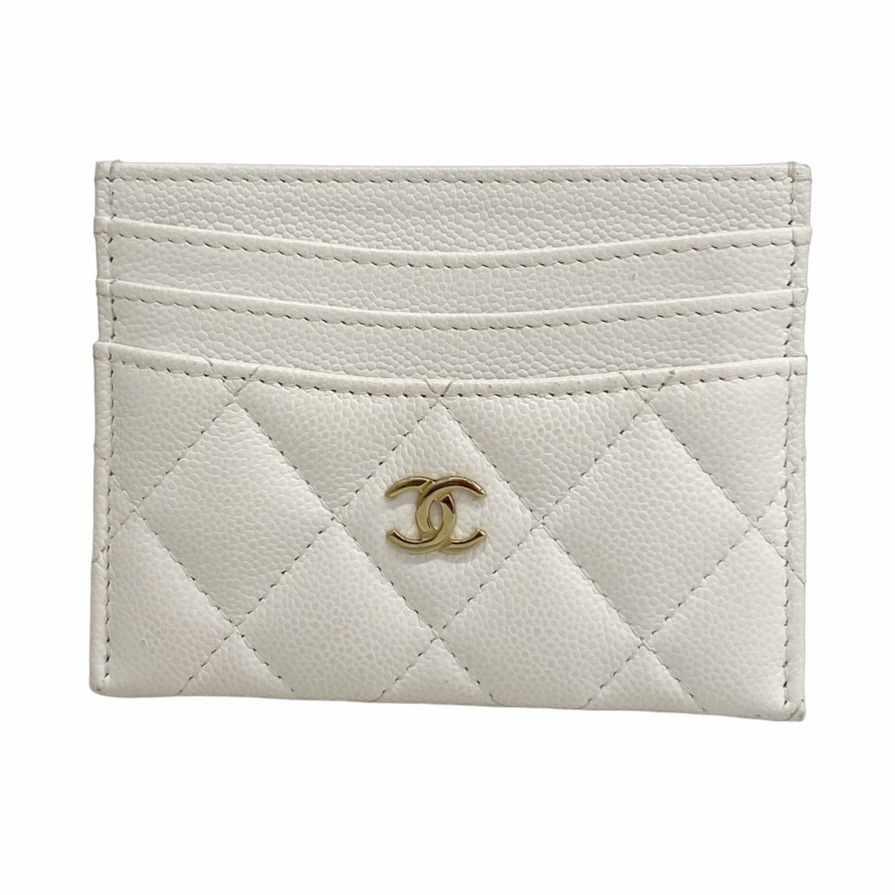 Chanel Matelasse Business Card Case in Caviar Leather, White, Champagne, Women's