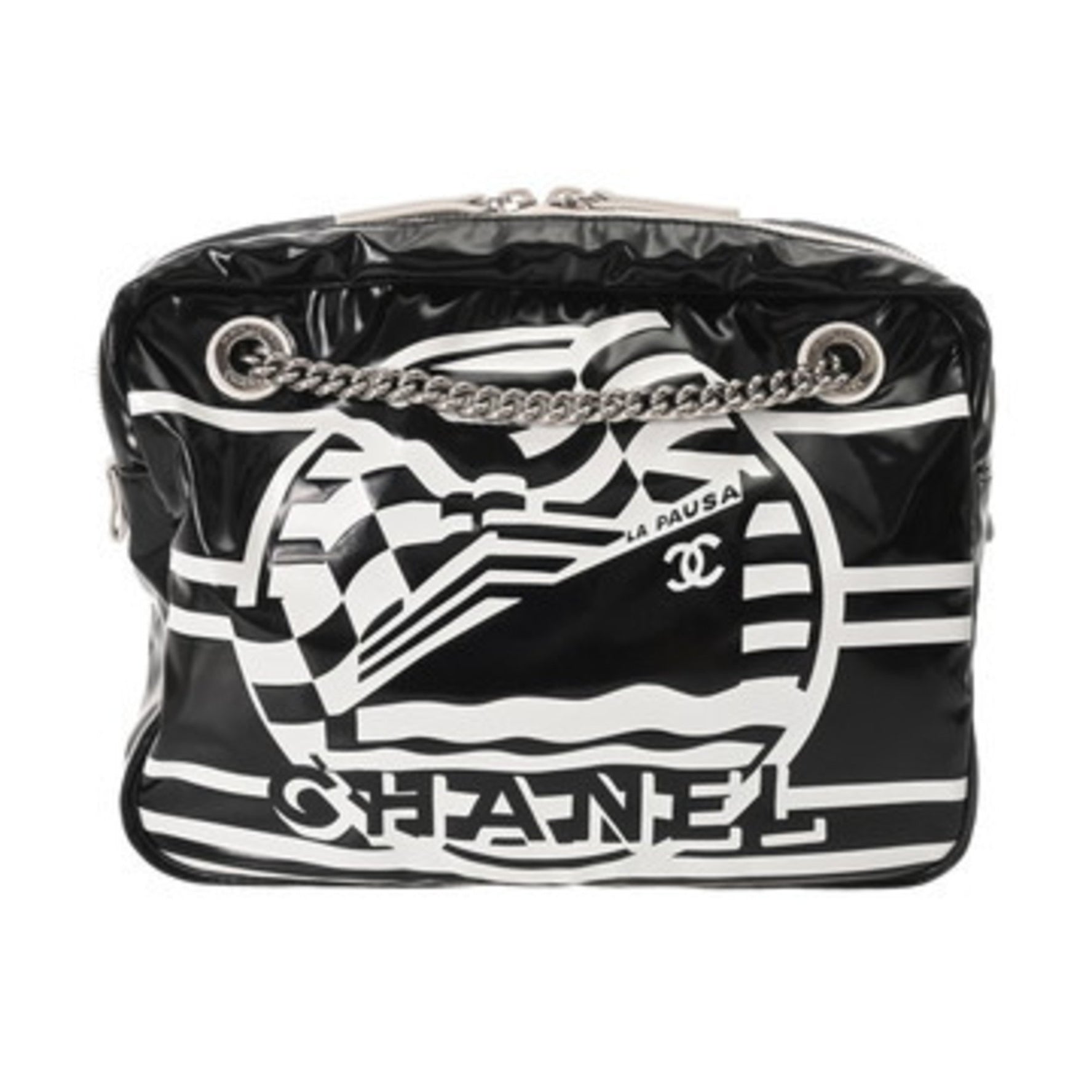CHANEL LA PAUSA Chain Shoulder Bag from the 2019 Cruise Collection in Black/White, Coated Canvas