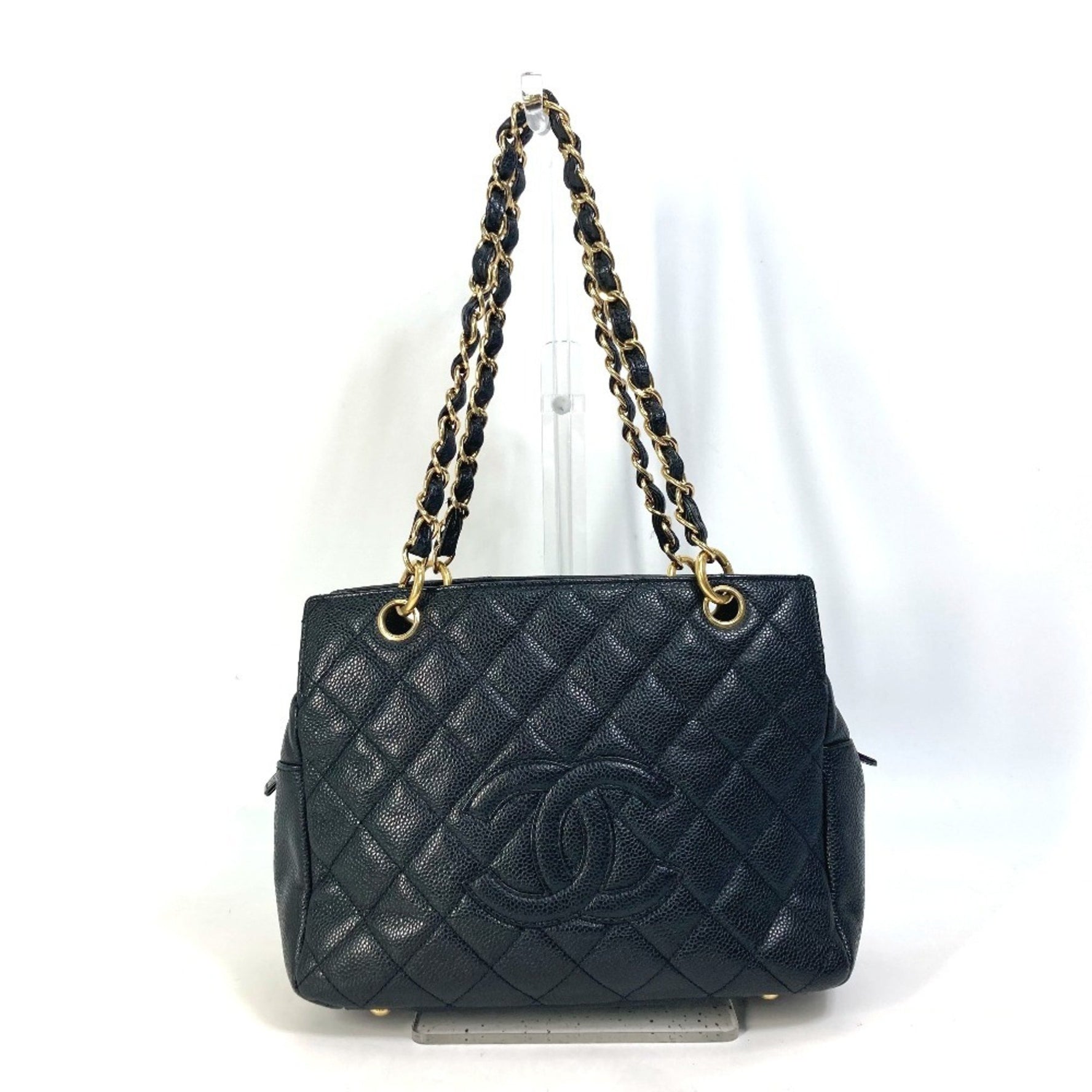 CHANEL CC Coco Mark Matelasse Quilted Double Chain Tote Bag Shoulder Caviar Skin Black