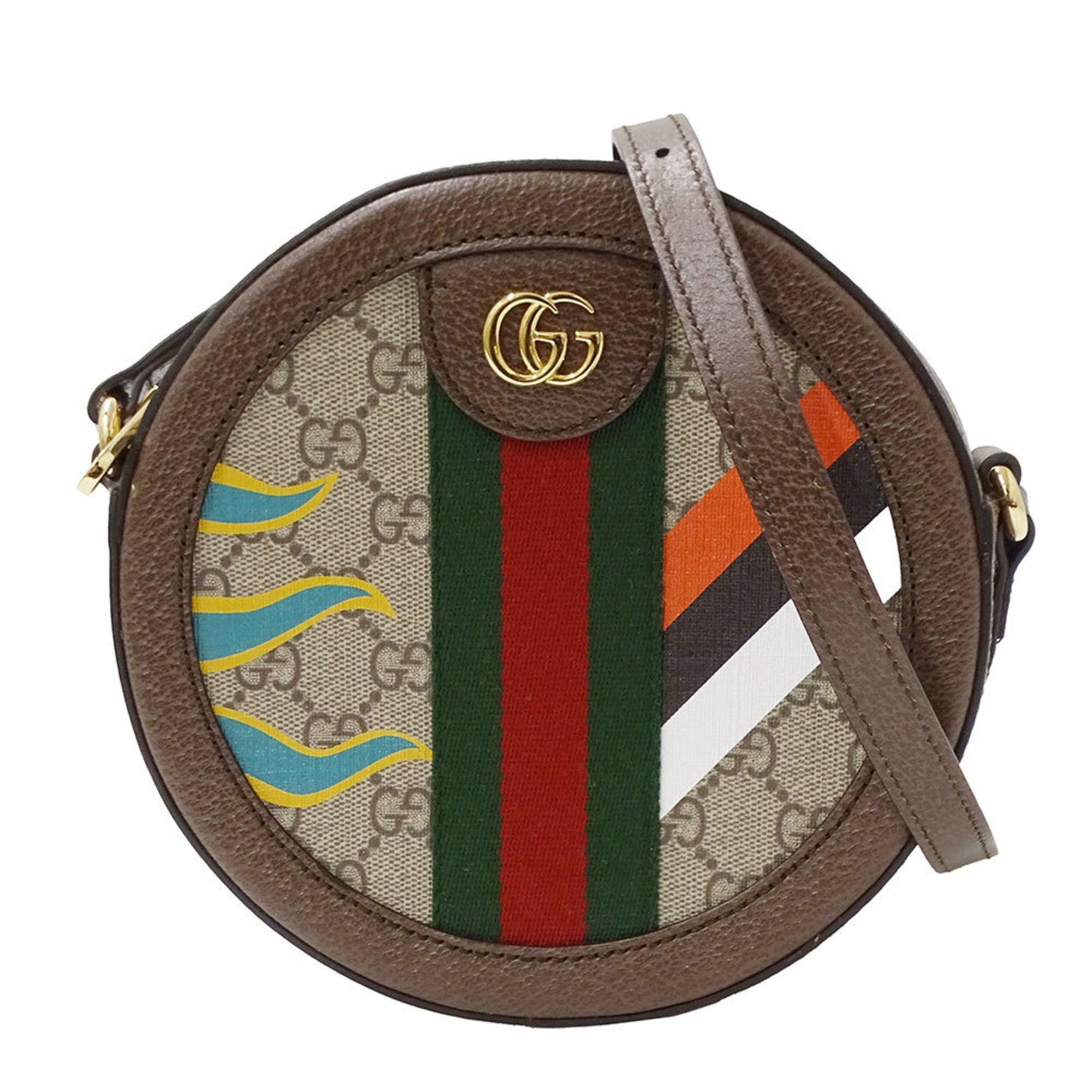 Gucci Ophidia GG Supreme Canvas Shoulder Bag in Brown and Multicolor. Round, crossbody style.