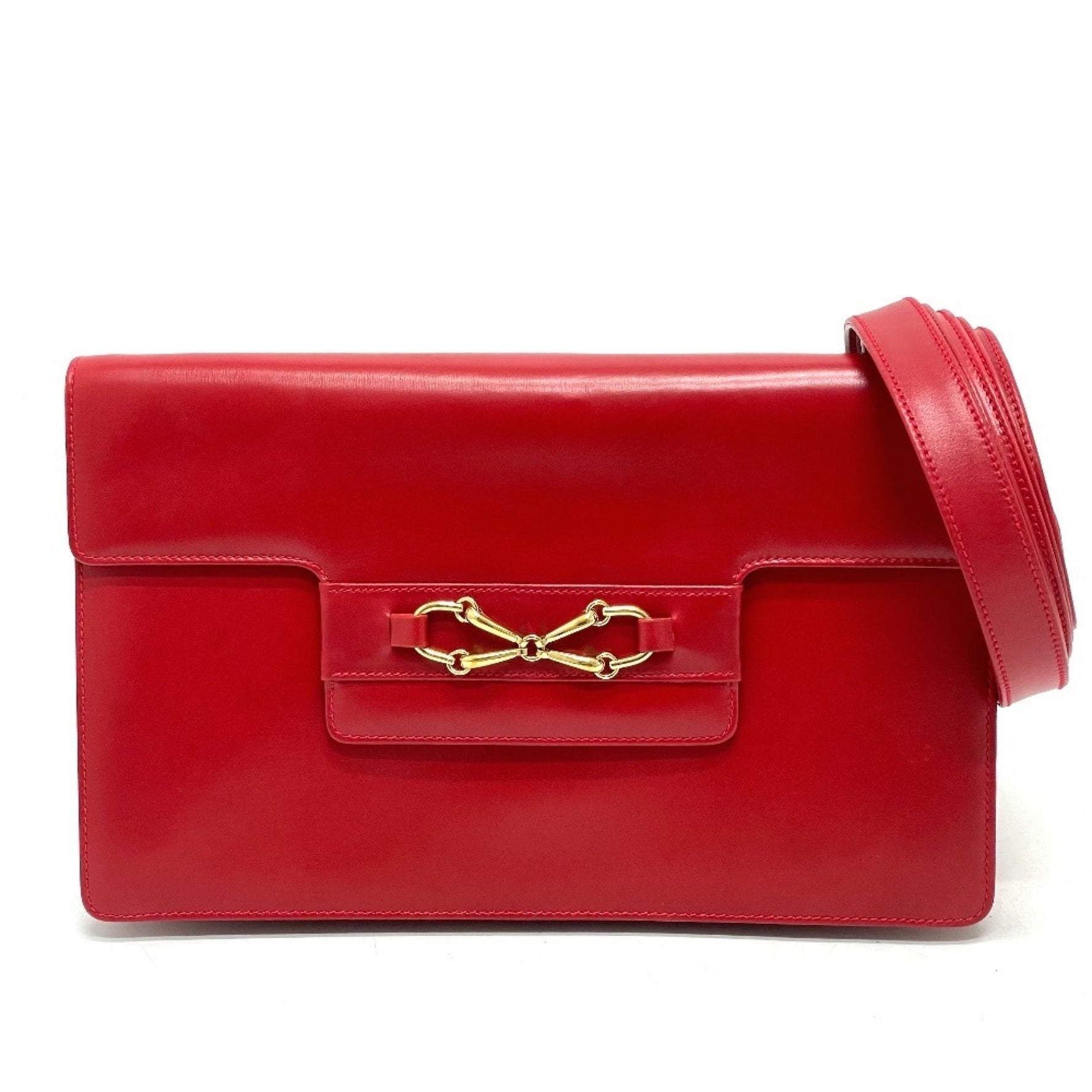 GUCCI 004-01-0476 Vintage Old Clutch/Shoulder Bag, Leather, Red and Gold Hardware