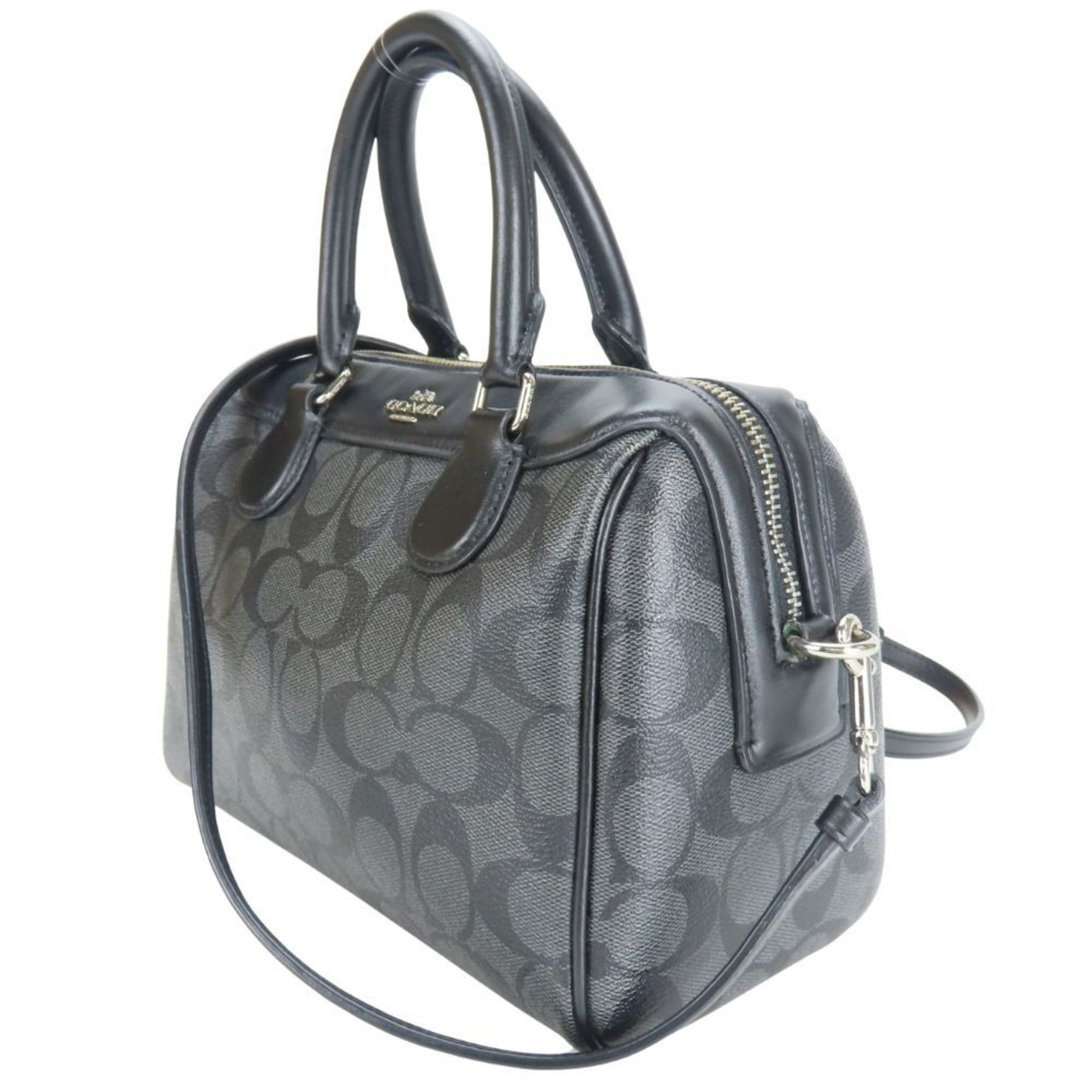 Coach handbag Signature coated canvas and leather mini Boston bag in gray black.
