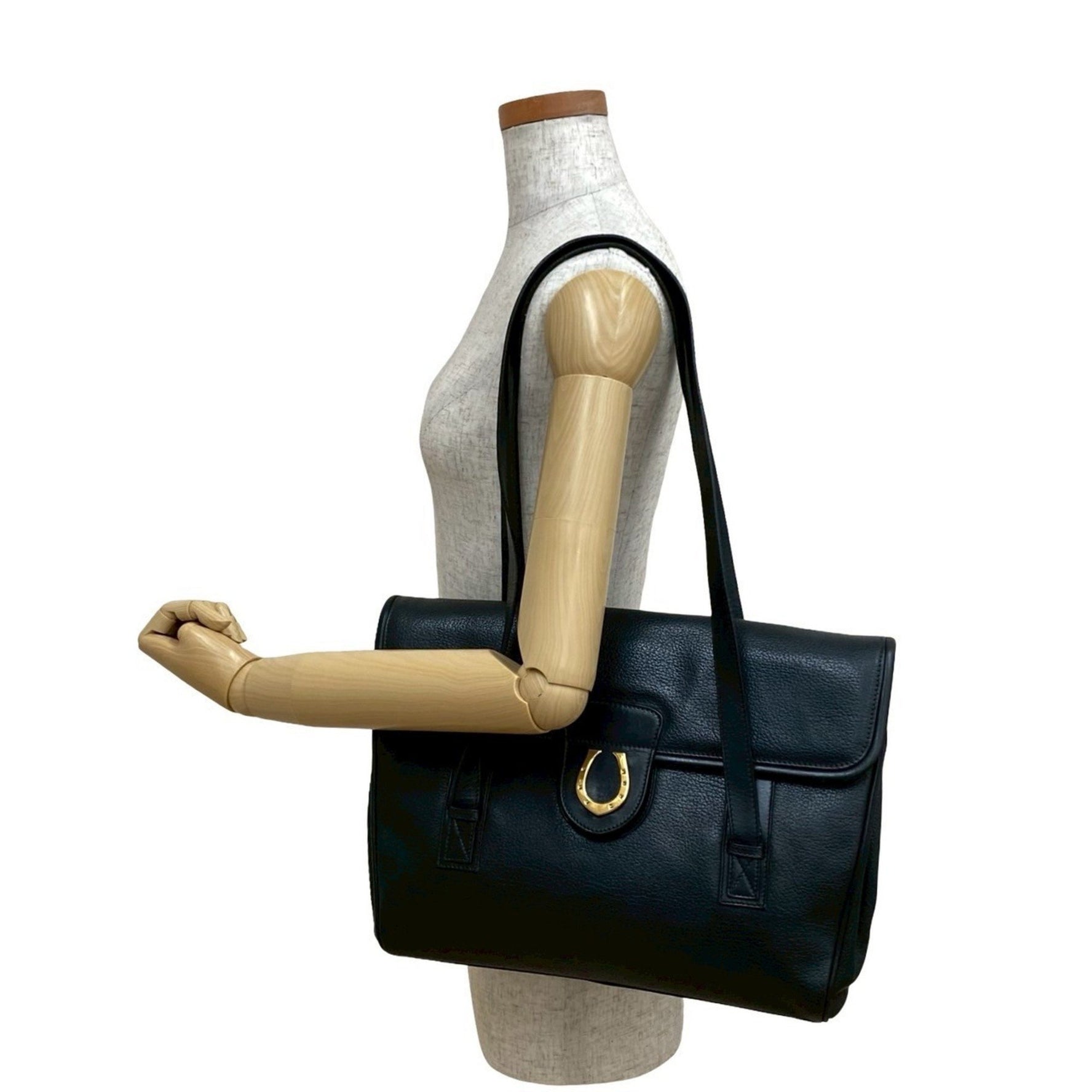 GUCCI Old Gucci Horseshoe Leather Tote Bag/Semi-Shoulder Bag in Black (30887)