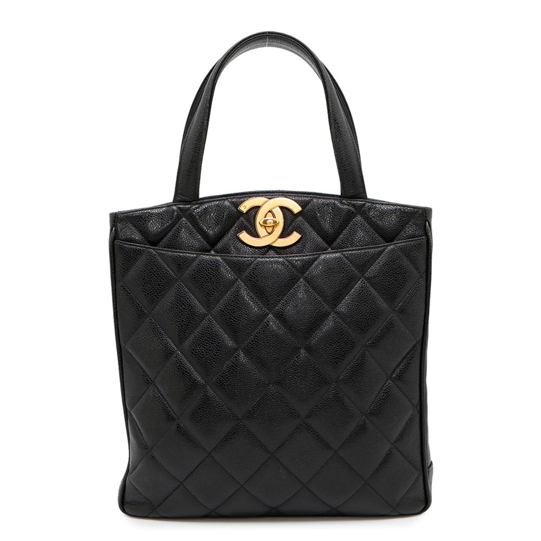 CHANEL Matelasse Coco Mark Caviar Skin Tote Bag, Deka Handbag, Black