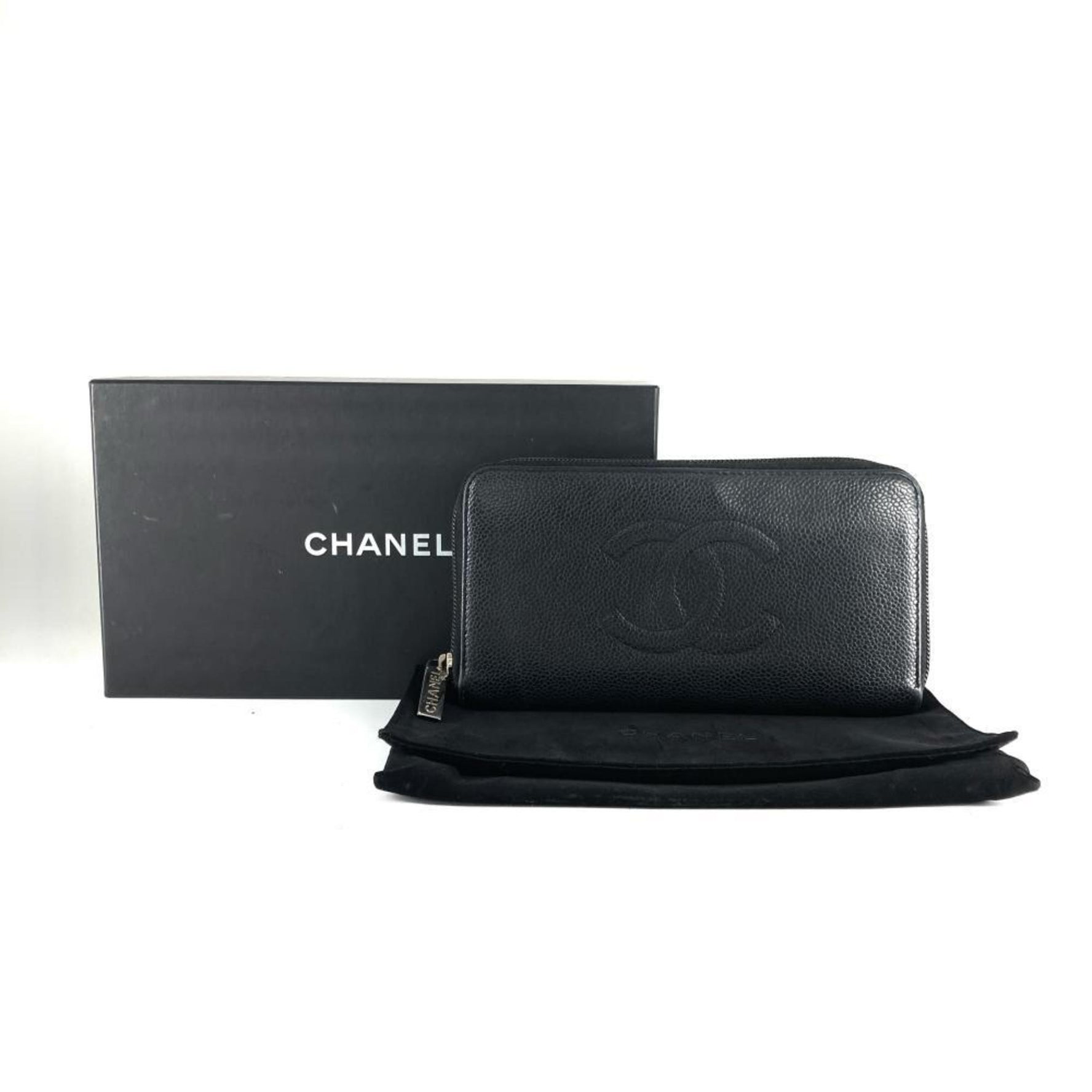 CHANEL Coco Mark Round Leather Black Caviar Skin Long Wallet