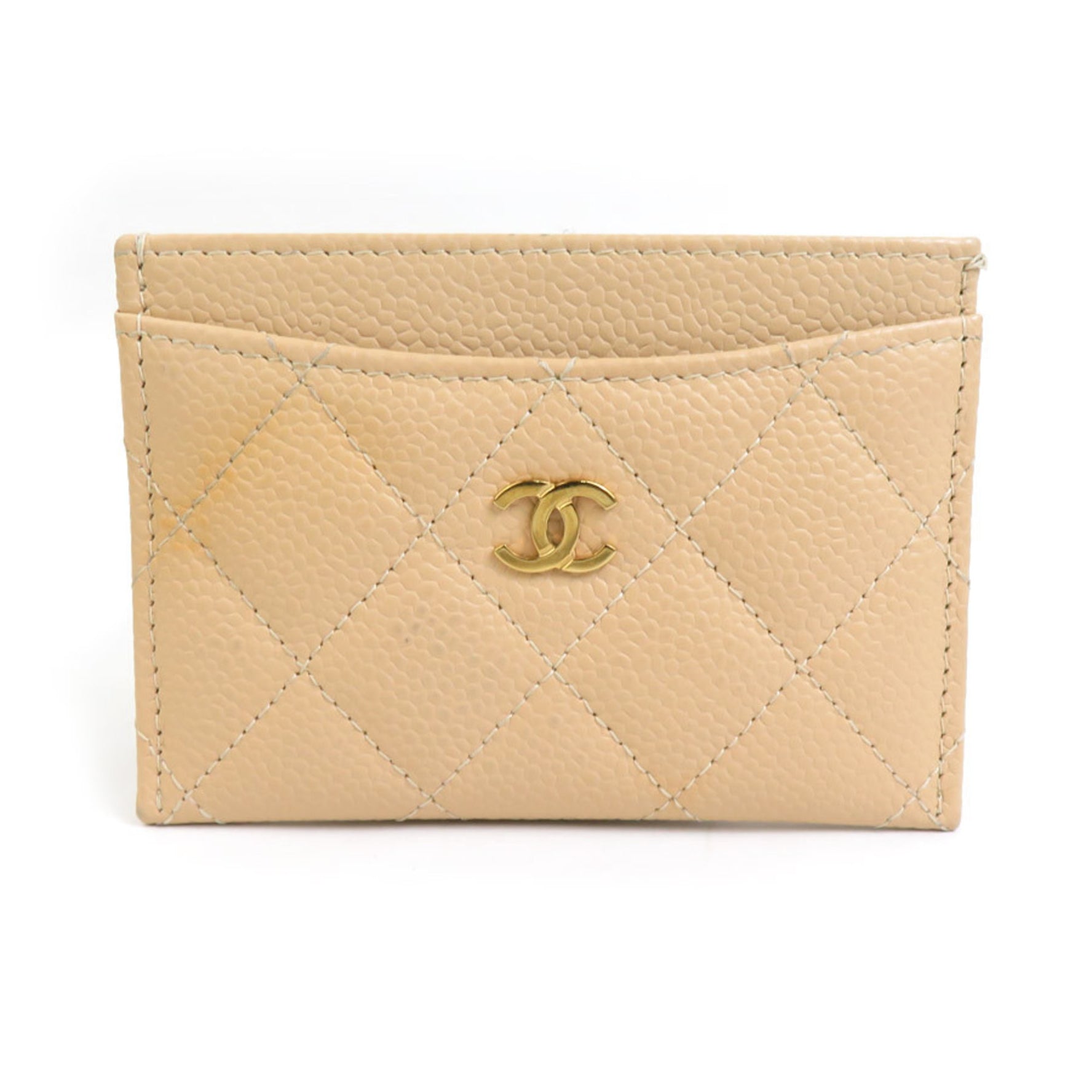 CHANEL Business Card Holder/Card Case Matelasse Caviar Skin Leather Gold