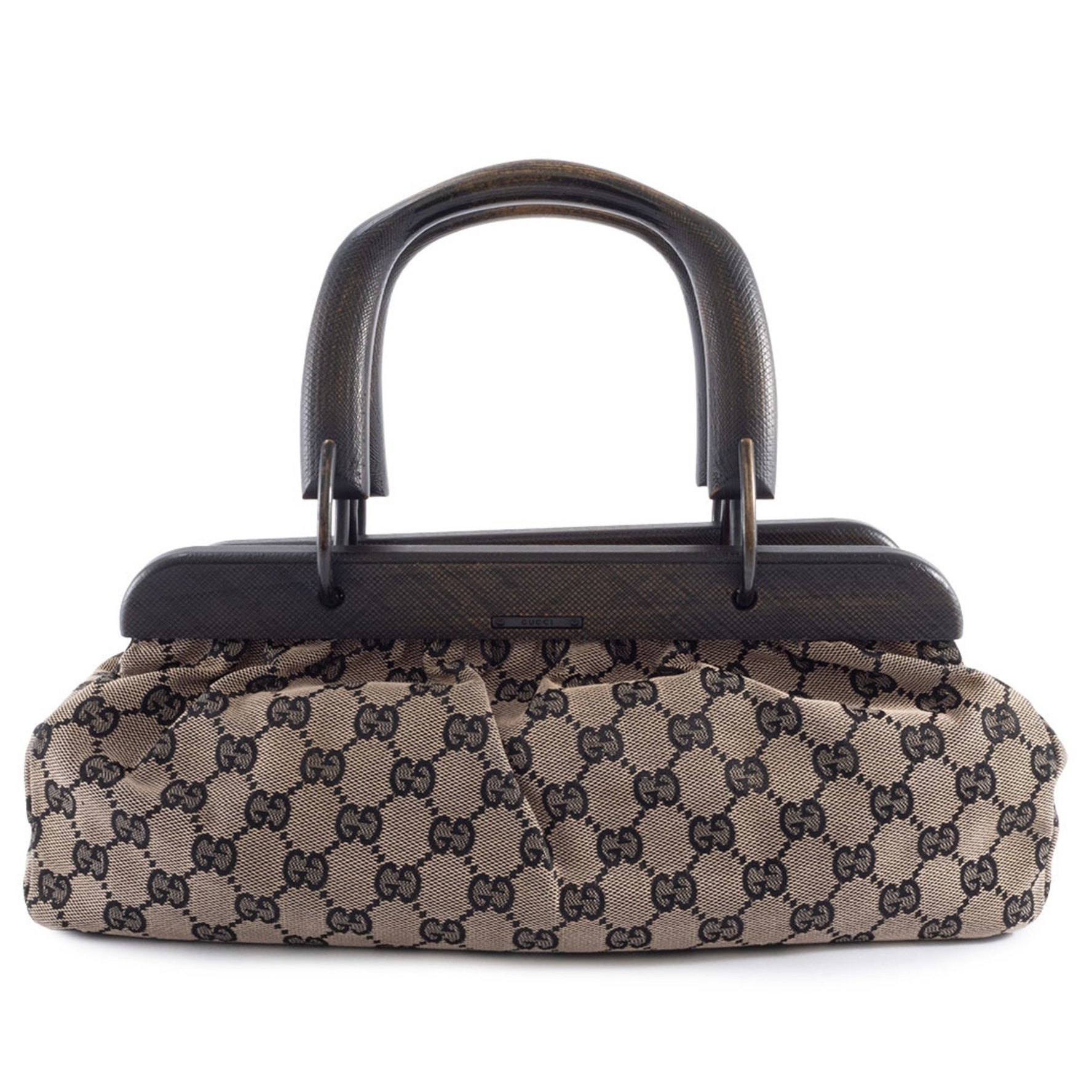 Gucci GG Canvas Handbag with Wooden Handle Beige Leather, Black
