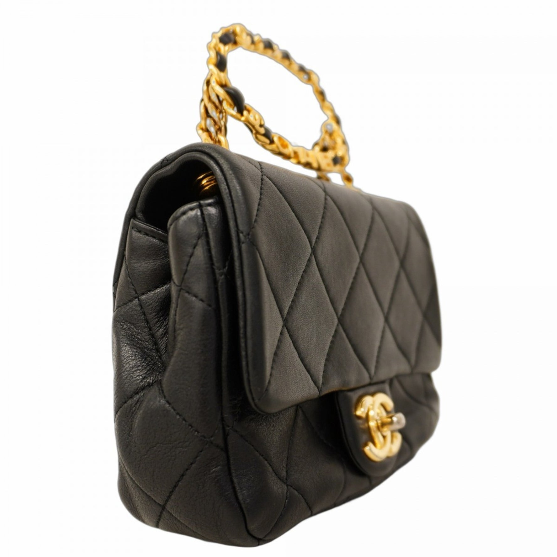 Chanel Matelasse Shoulder Bag with Chain Bag, Lambskin, Black, Women's