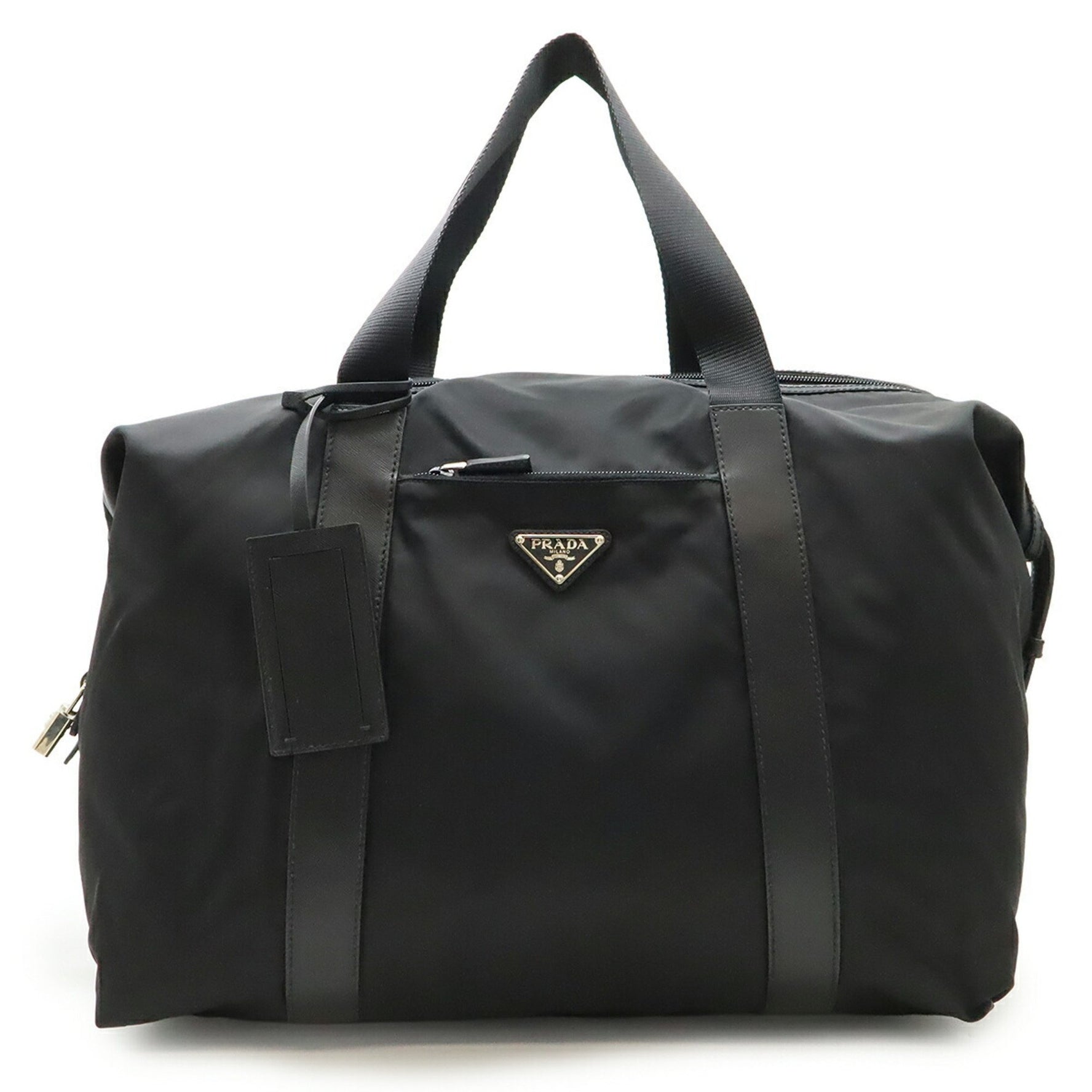 PRADA Triangle Boston Bag, Travel Large Tote, Nylon and Leather, Black