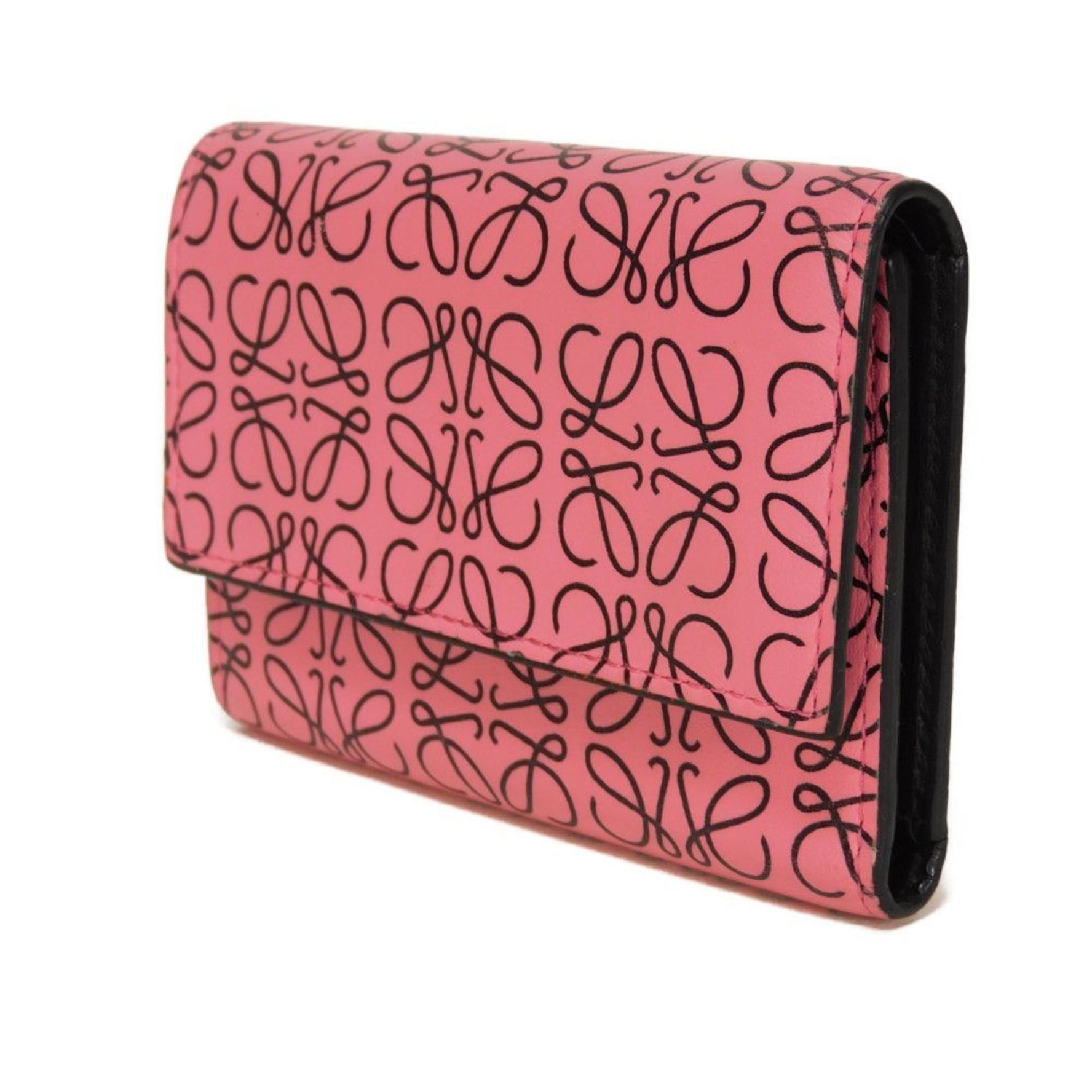 LOEWE Small Vertical Trifold Wallet in Black Calfskin with Repeat Anagram and Pattern