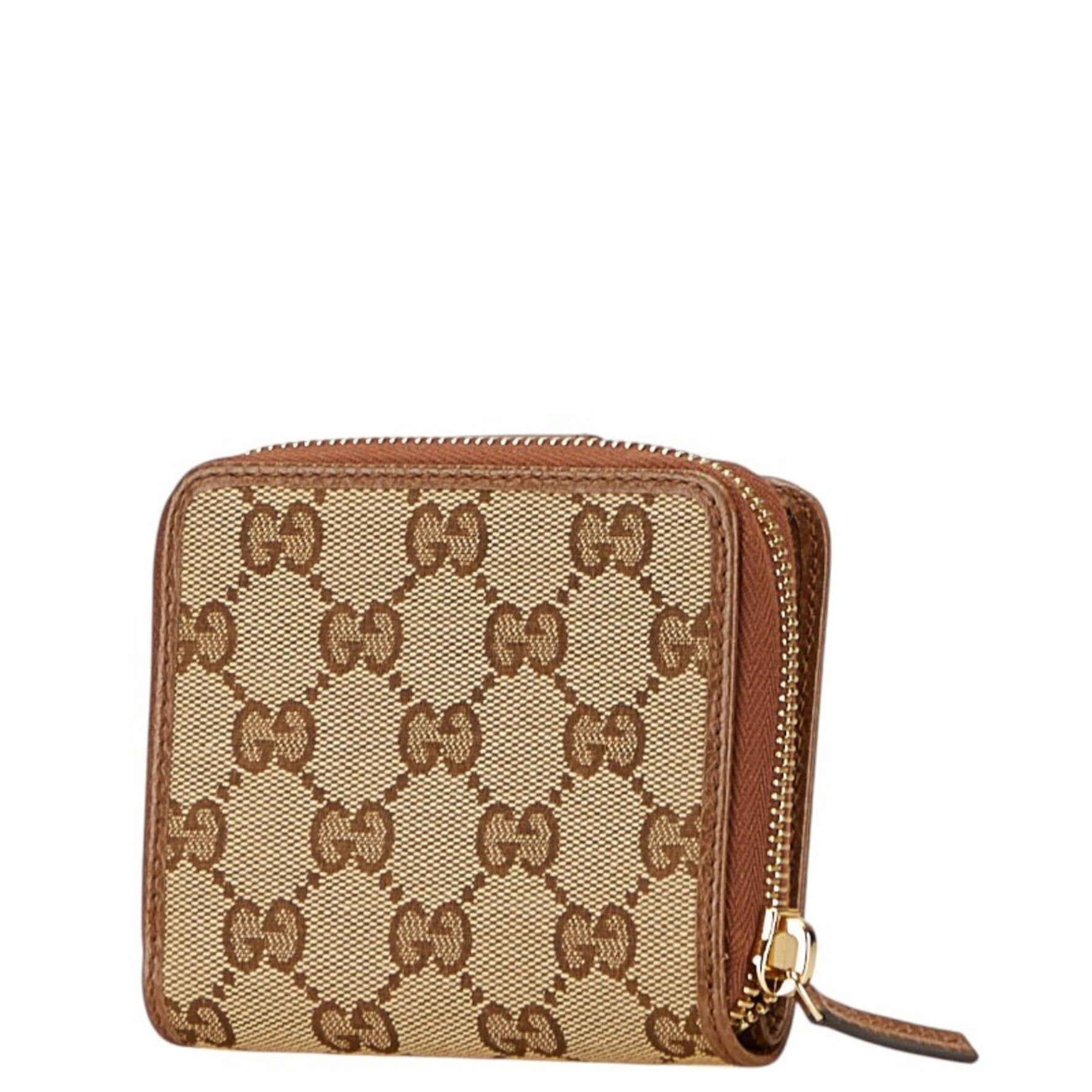 Gucci GG Canvas Bifold Wallet Beige Brown Leather