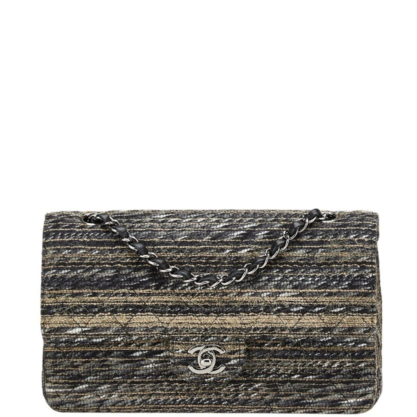 Chanel Matelasse Coco Mark Double Flap Chain Shoulder Bag Handbag in Black and Multicolored Tweed Leather