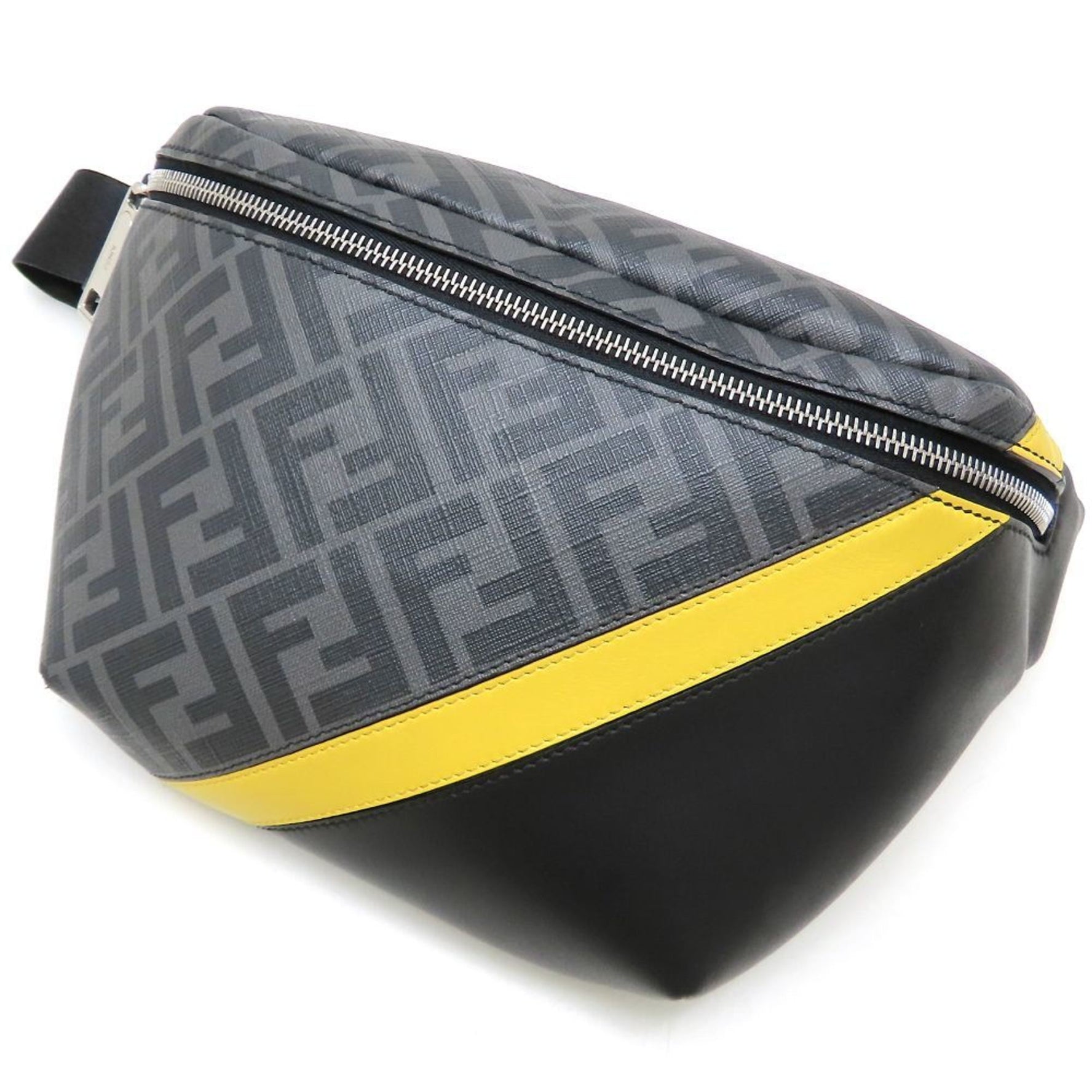 FENDI Diagonal Belt Bag Body Coated Canvas x Calfskin Black Gray Yellow
