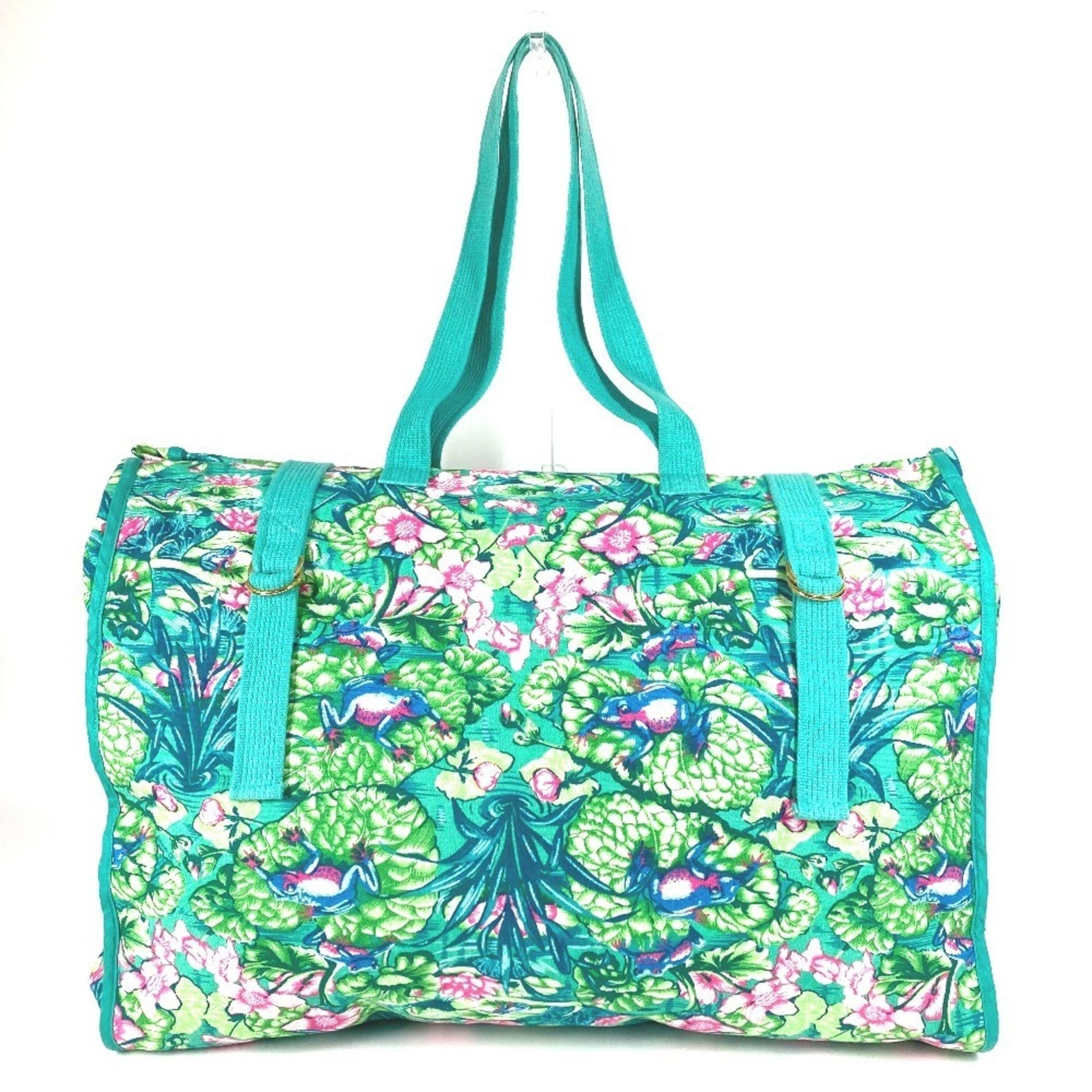 HERMES Vintage FROG Floral Print Tote Bag/Boston Bag/Shoulder Bag, Cotton, Green