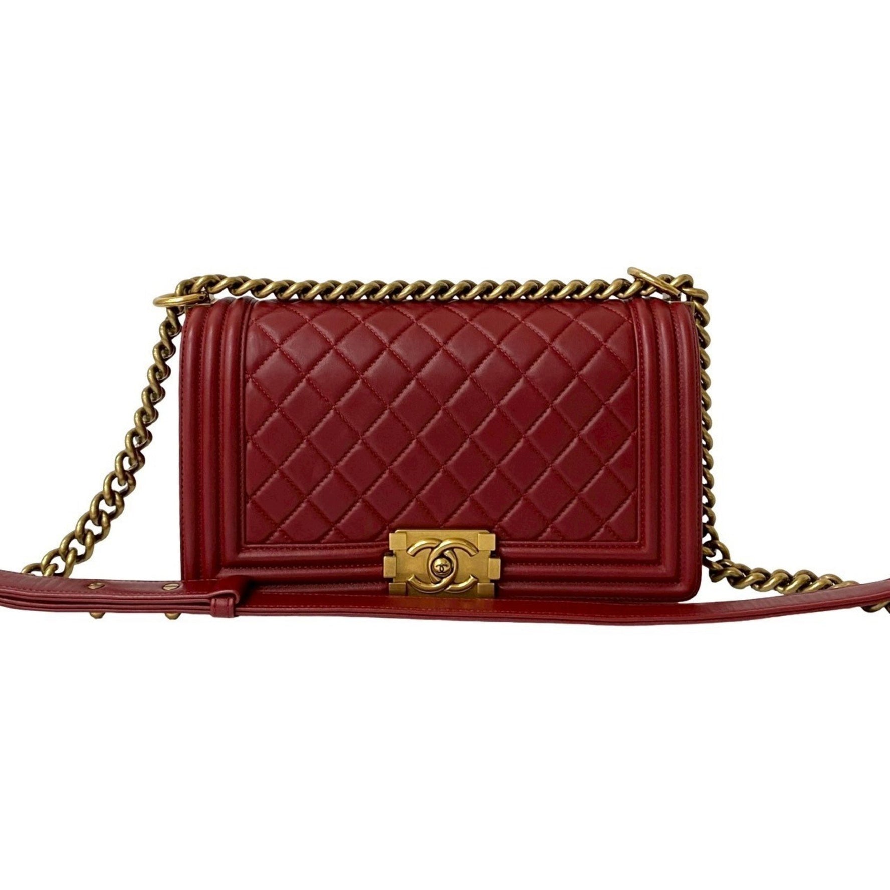 Seal No. 19 CHANEL Boy Coco Mark Lambskin Genuine Leather Chain Shoulder Bag Red