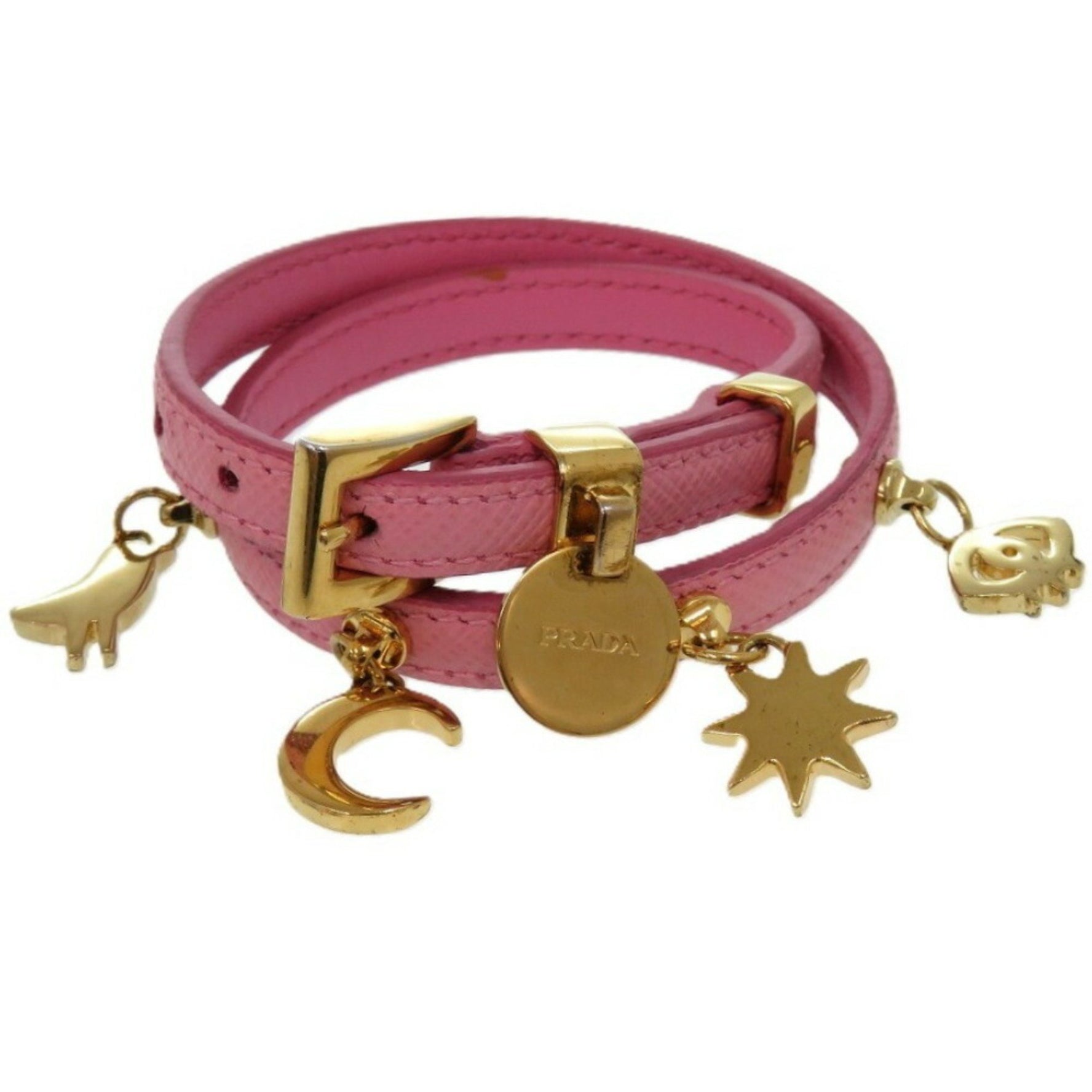 Prada 2-Strand Bird, Moon, Star, and Eye Leather Pink Bracelet 1626PRADA