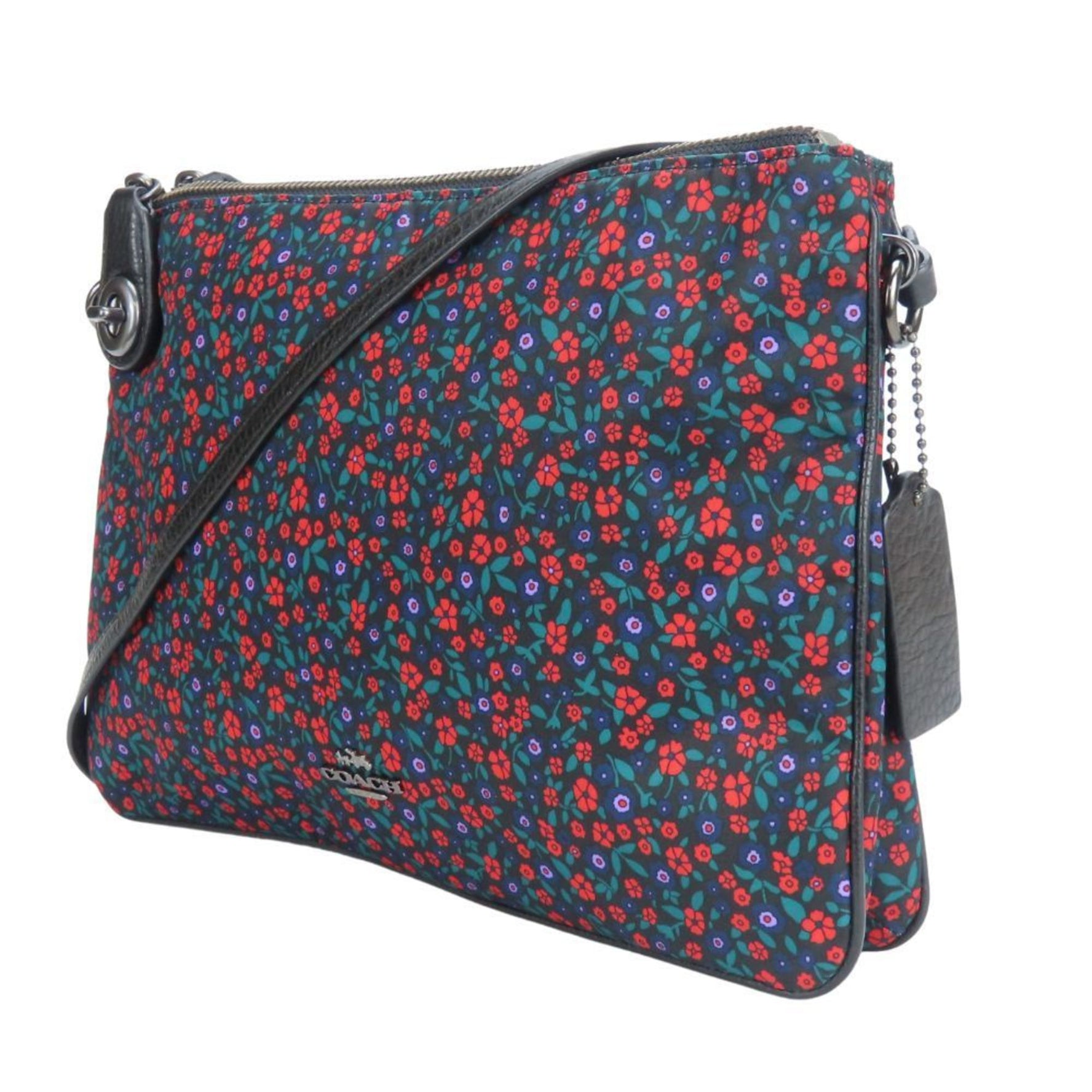 Coach Shoulder Bag Nylon Leather Black Multicolor Flower