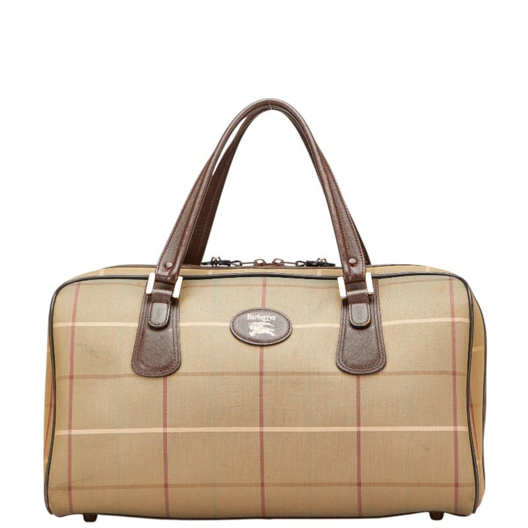 Burberry Check Boston Bag Travel Khaki Green Brown Canvas Leather Women's BURBERRY