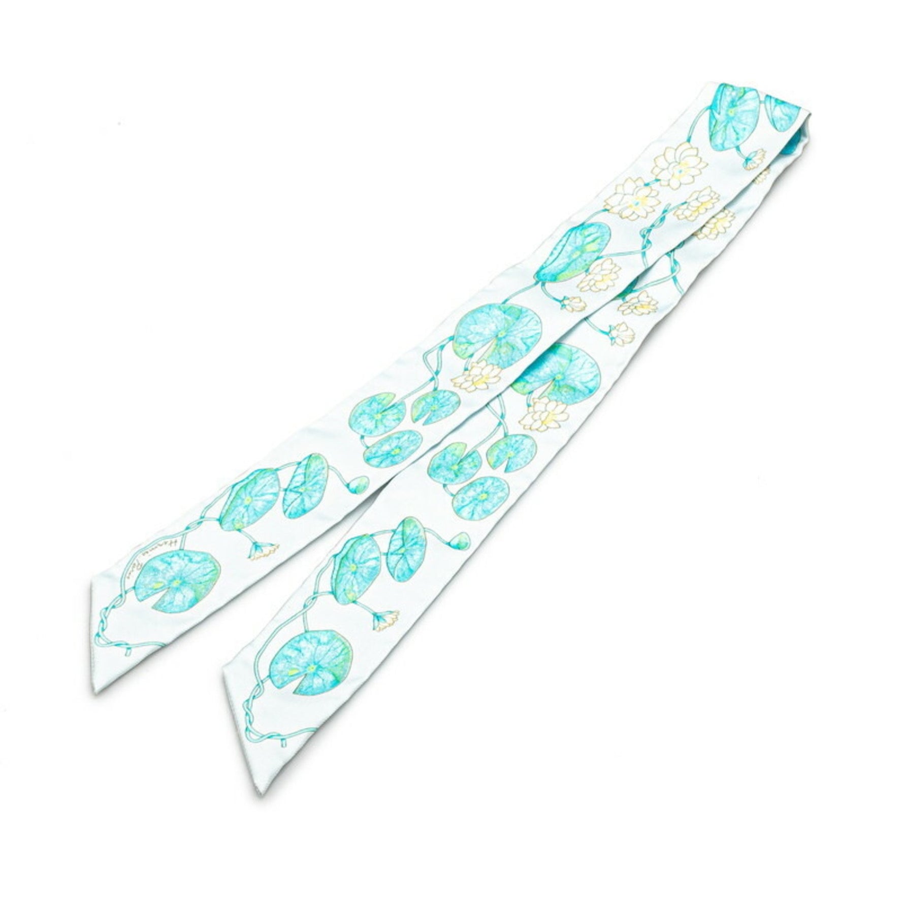 Hermes Twilly Lotus Flower Scarf Muffler Light Blue White Multicolor Silk Women's HERMES