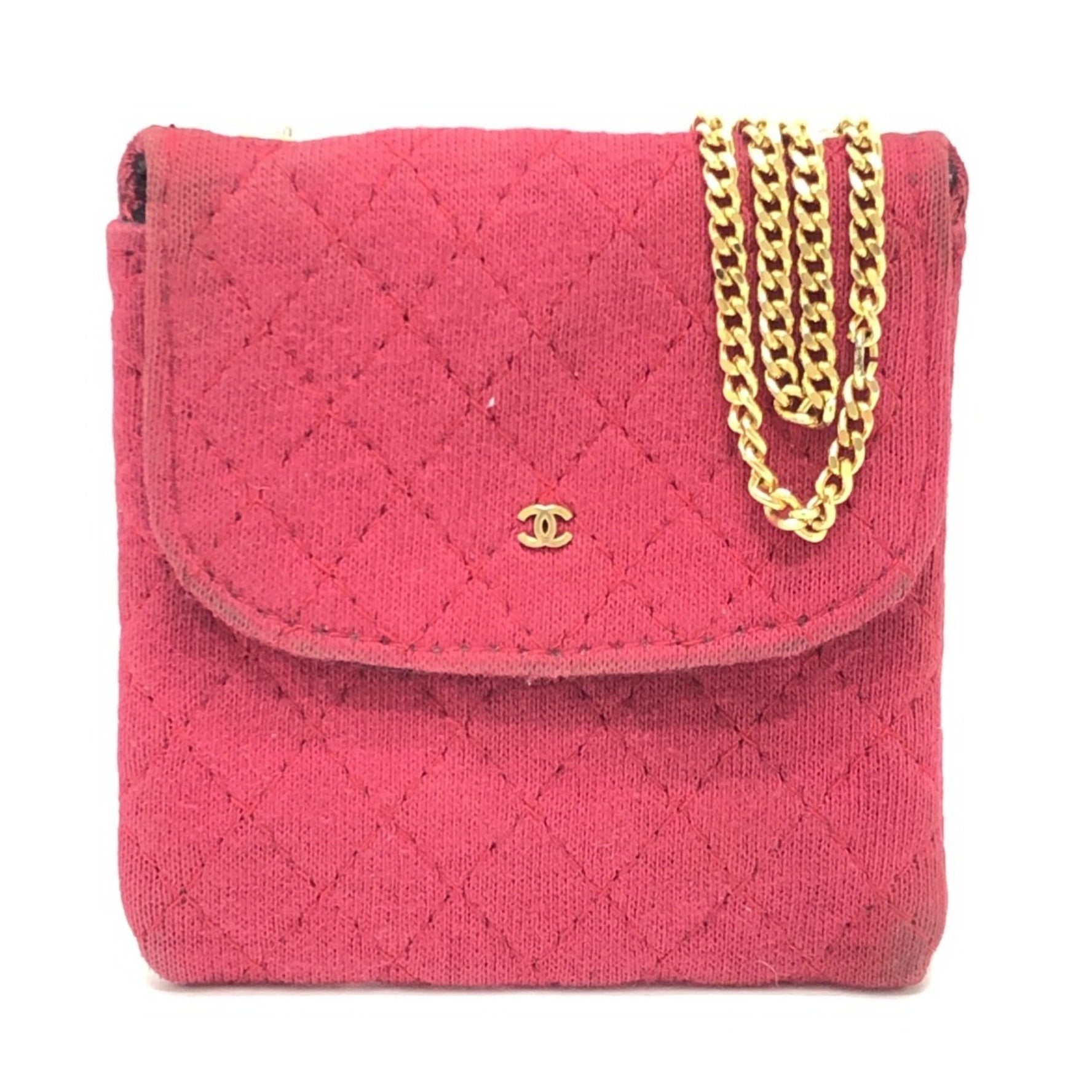 CHANEL Coco Mark Matelasse Chain Miniature Pouch Shoulder Bag Jersey Red
