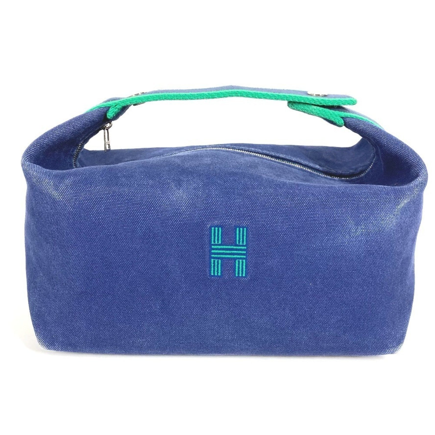 HERMES Brid a Black GM Pouch Vanity Bag with H Logo, Cotton, Blue