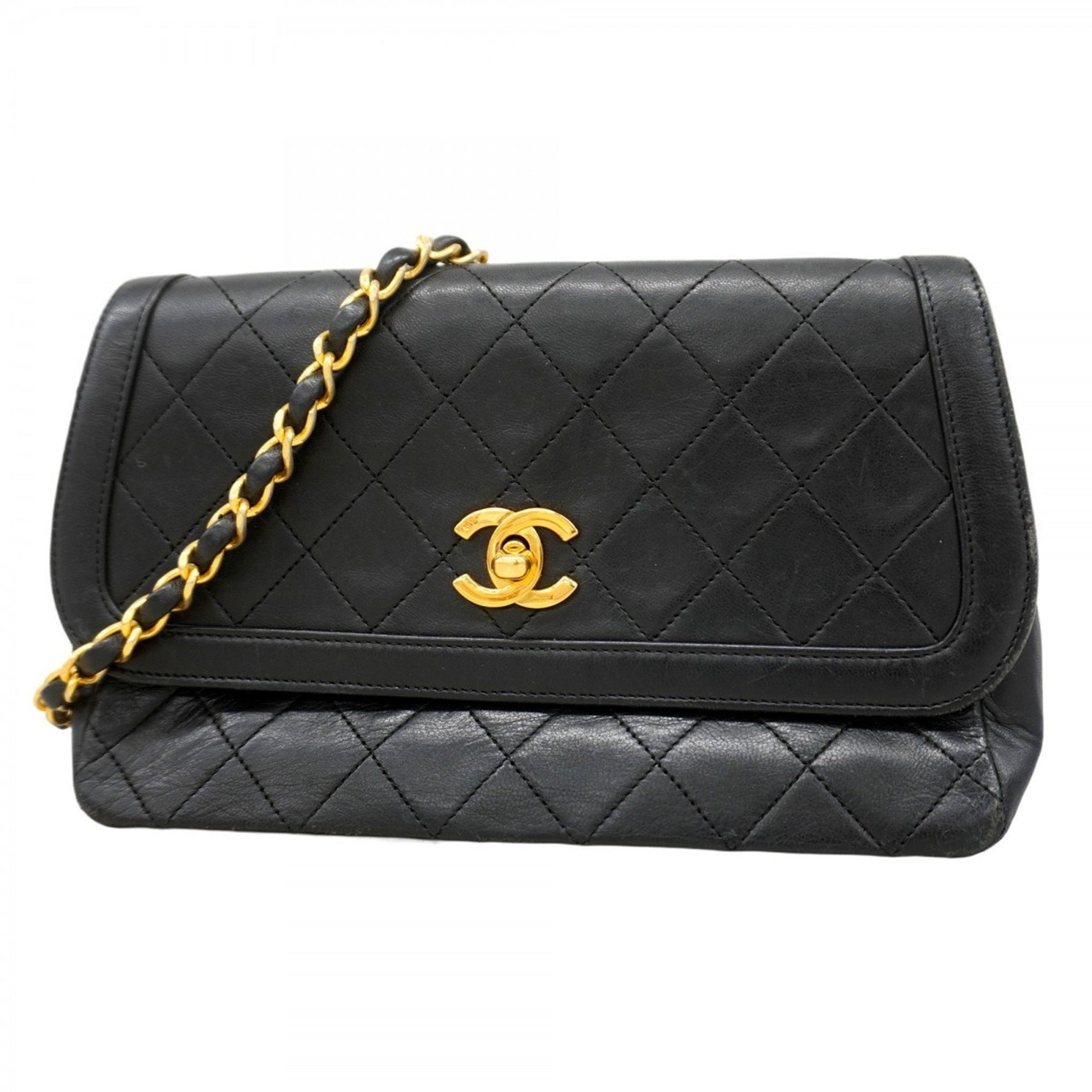 Chanel Matelasse Shoulder Bag with Chain Bag, Lambskin, Black, Women's