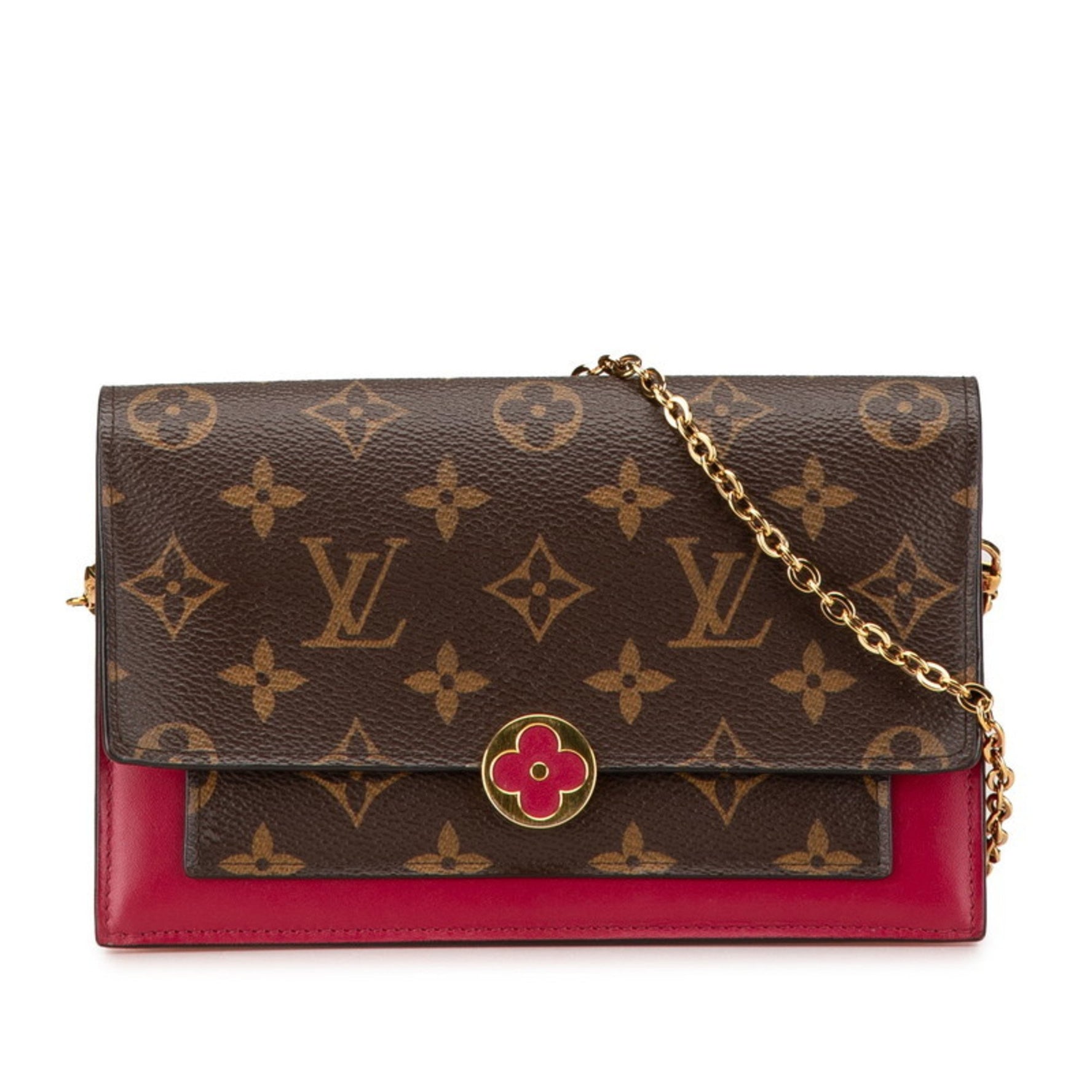 Louis Vuitton Monogram Portefeuille Floral Chain Wallet Shoulder Bag Fuchsia Brown PVC Leather