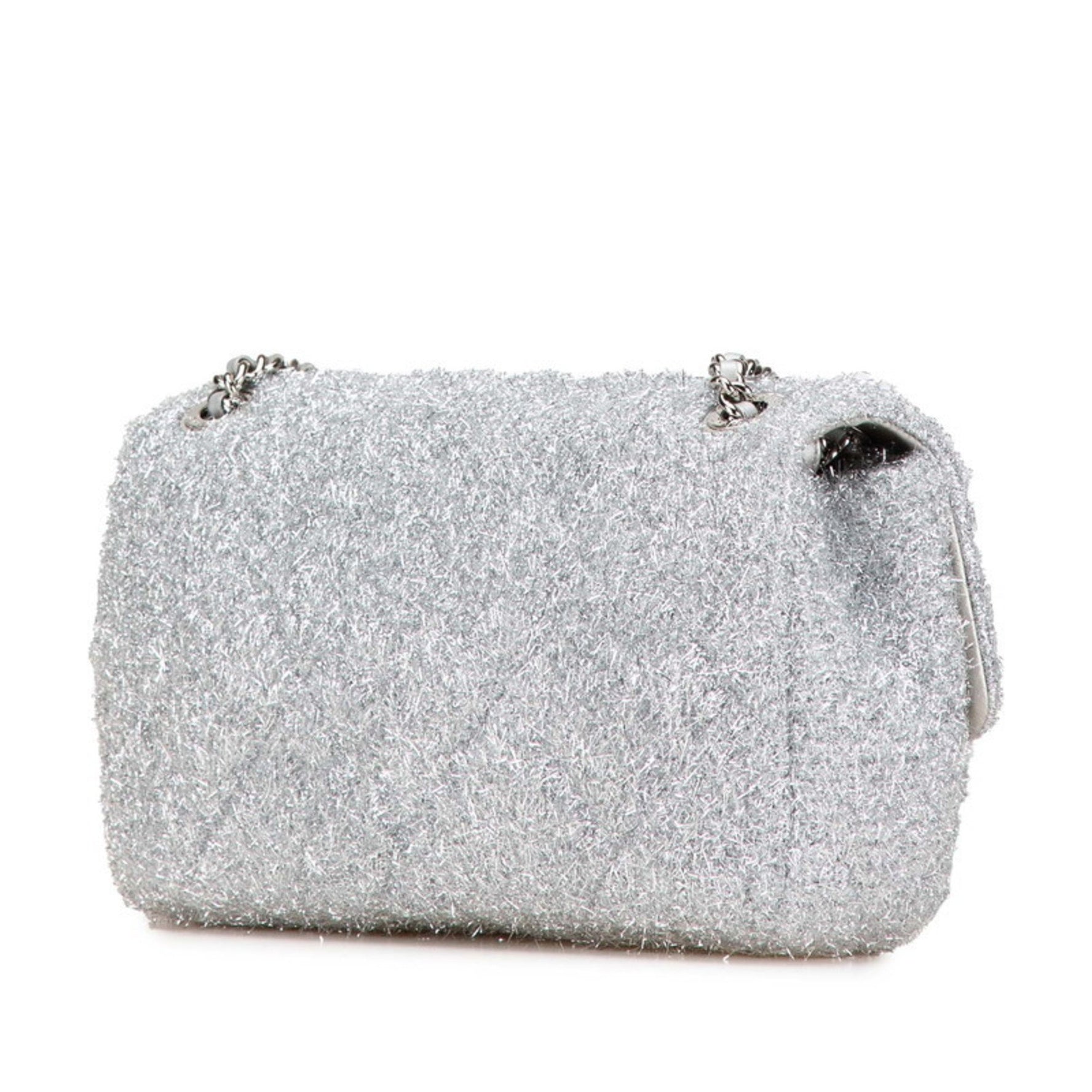 Chanel Pour Tou Glitter Chain Shoulder Bag Silver Microfiber Lambskin