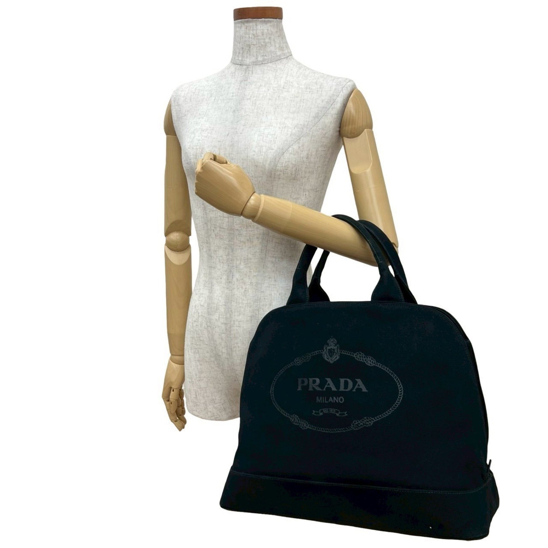 PRADA Canapa Logo Jacquard Canvas Handbag/Tote/Boston Bag in with Card.