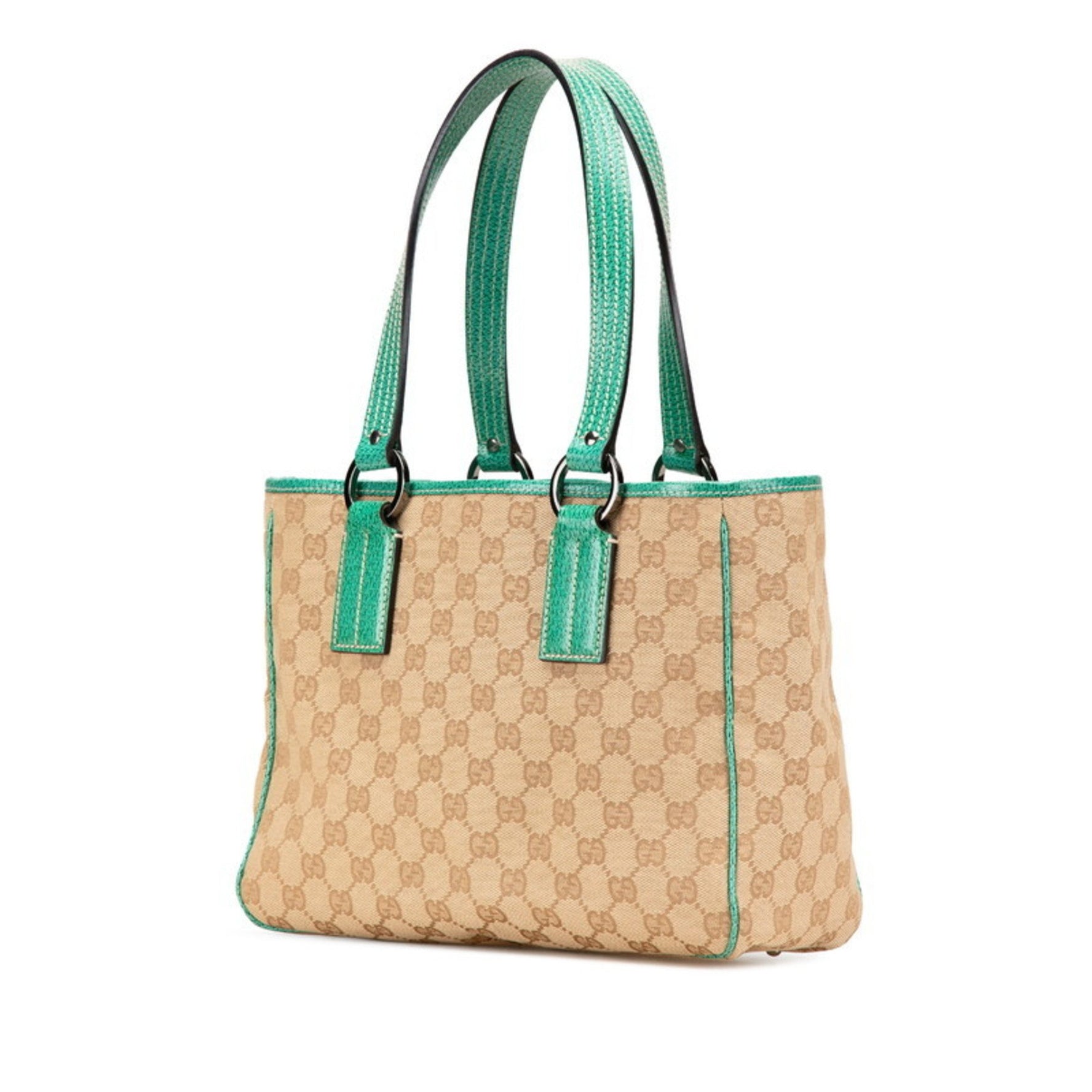 Gucci GG Canvas Tote Bag Beige Emerald Green Leather