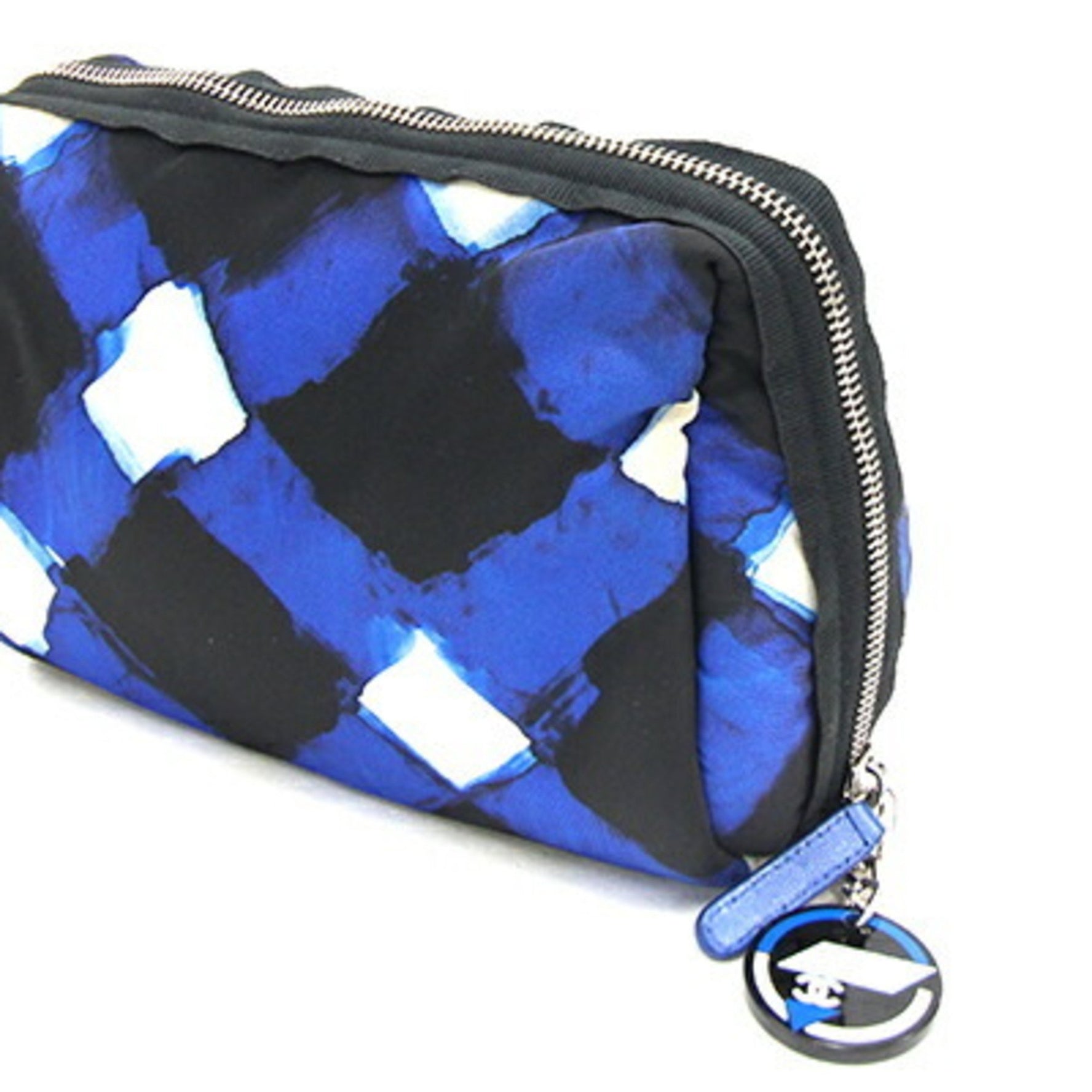 Chanel pouch blue black off-white nylon ladies check CHANEL