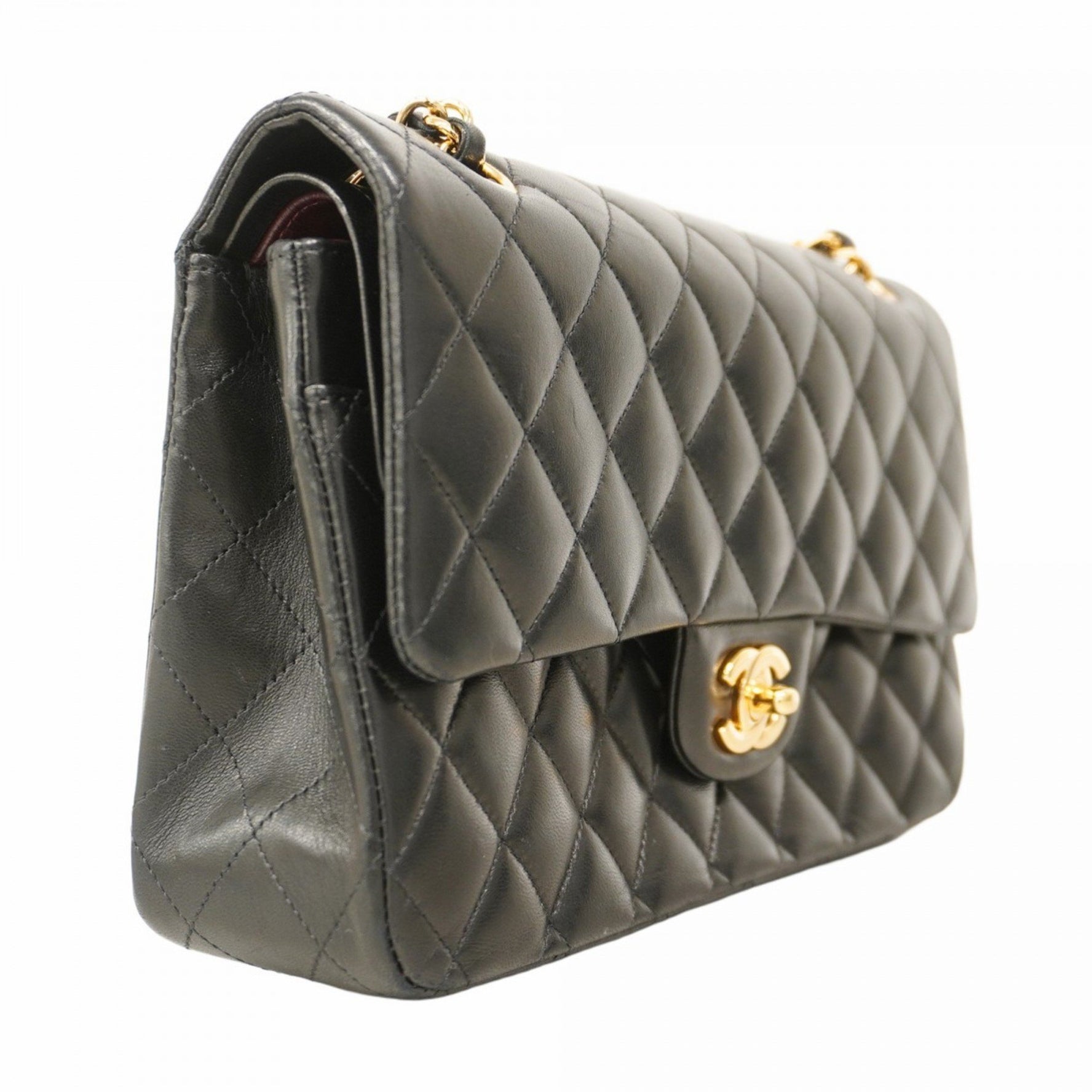 Chanel Matelasse Shoulder Bag with Double Flap and Chain, Lambskin, Black, Women's