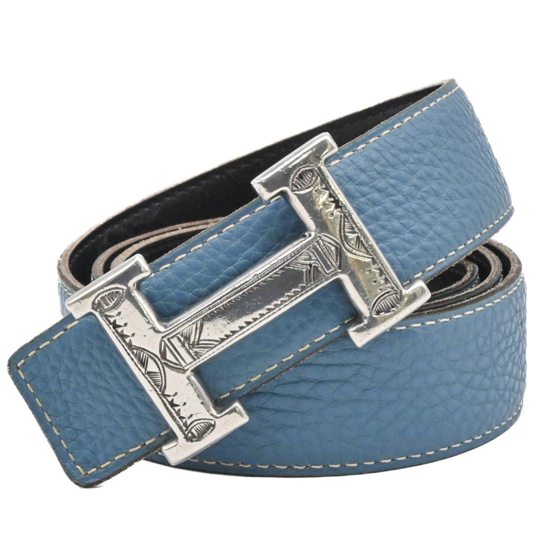 HERMES Touareg Constance Belt Bicolor Box Calf Taurillon Clemence Blue Jean Black □H #85