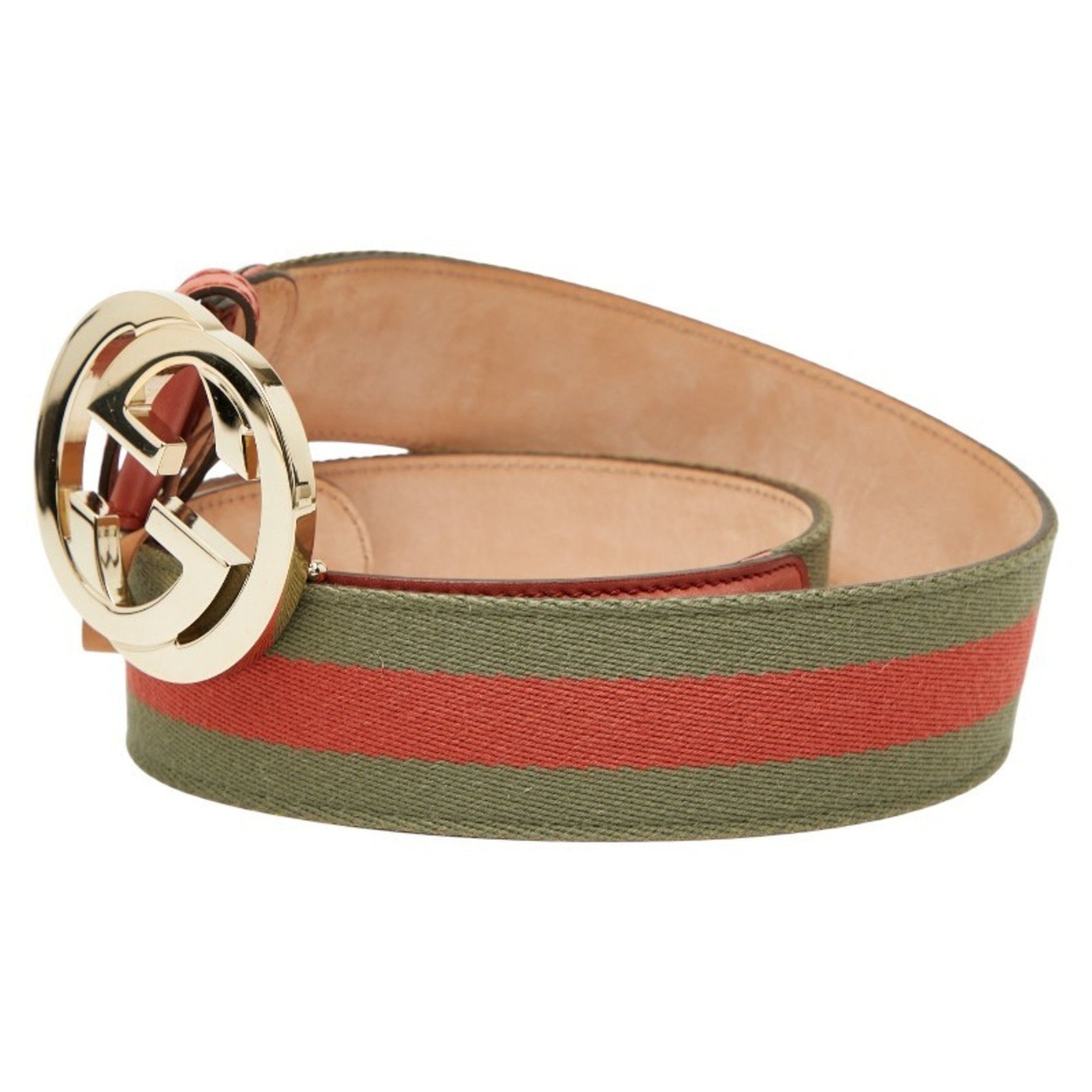 Gucci Interlocking G Belt 85.34 Khaki Pink Leather Canvas