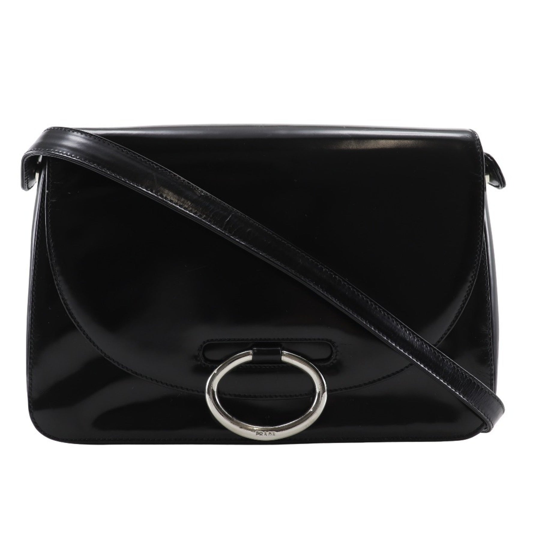PRADA Patent Leather Black Flap Shoulder Bag One Belt Women's