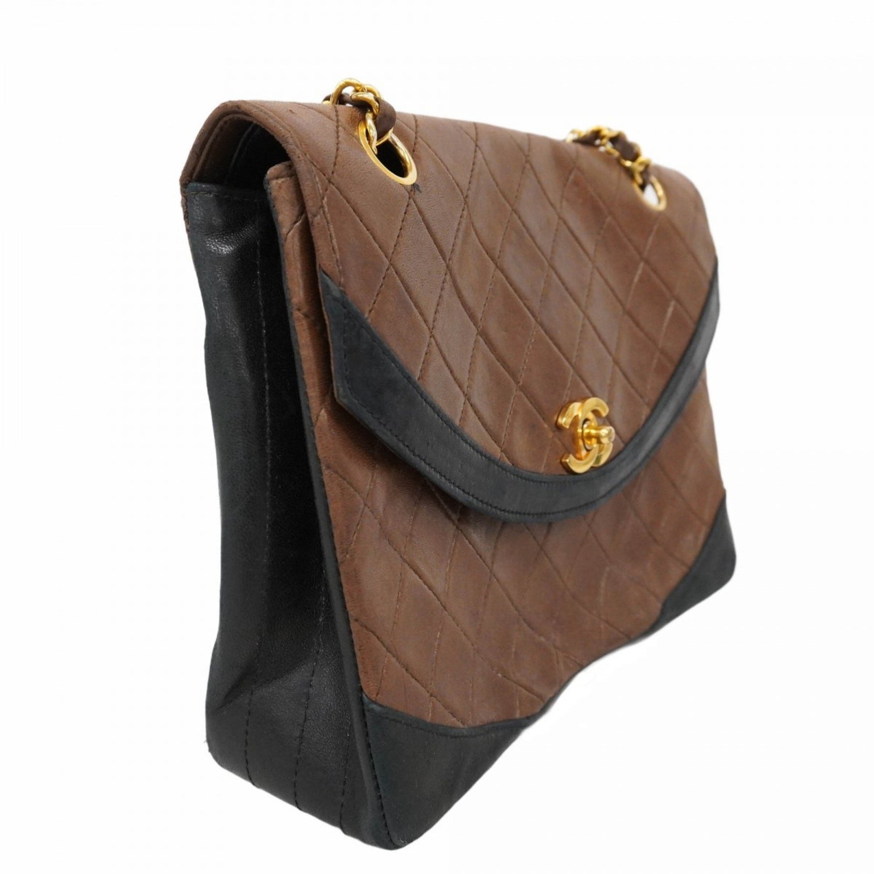 Chanel Shoulder Bag Matelasse W Chain Lambskin Brown Black Women's