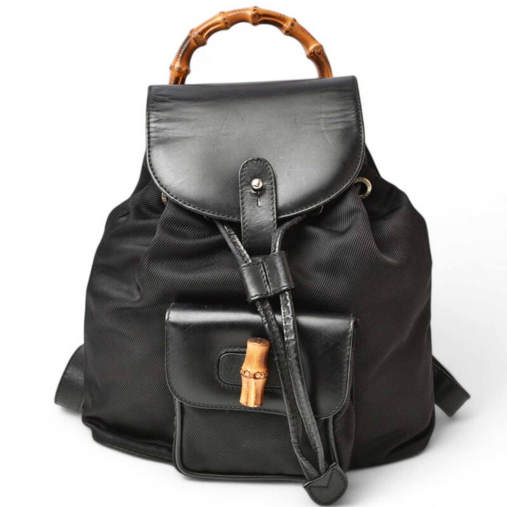 GUCCI Bamboo Backpack Canvas Leather Black