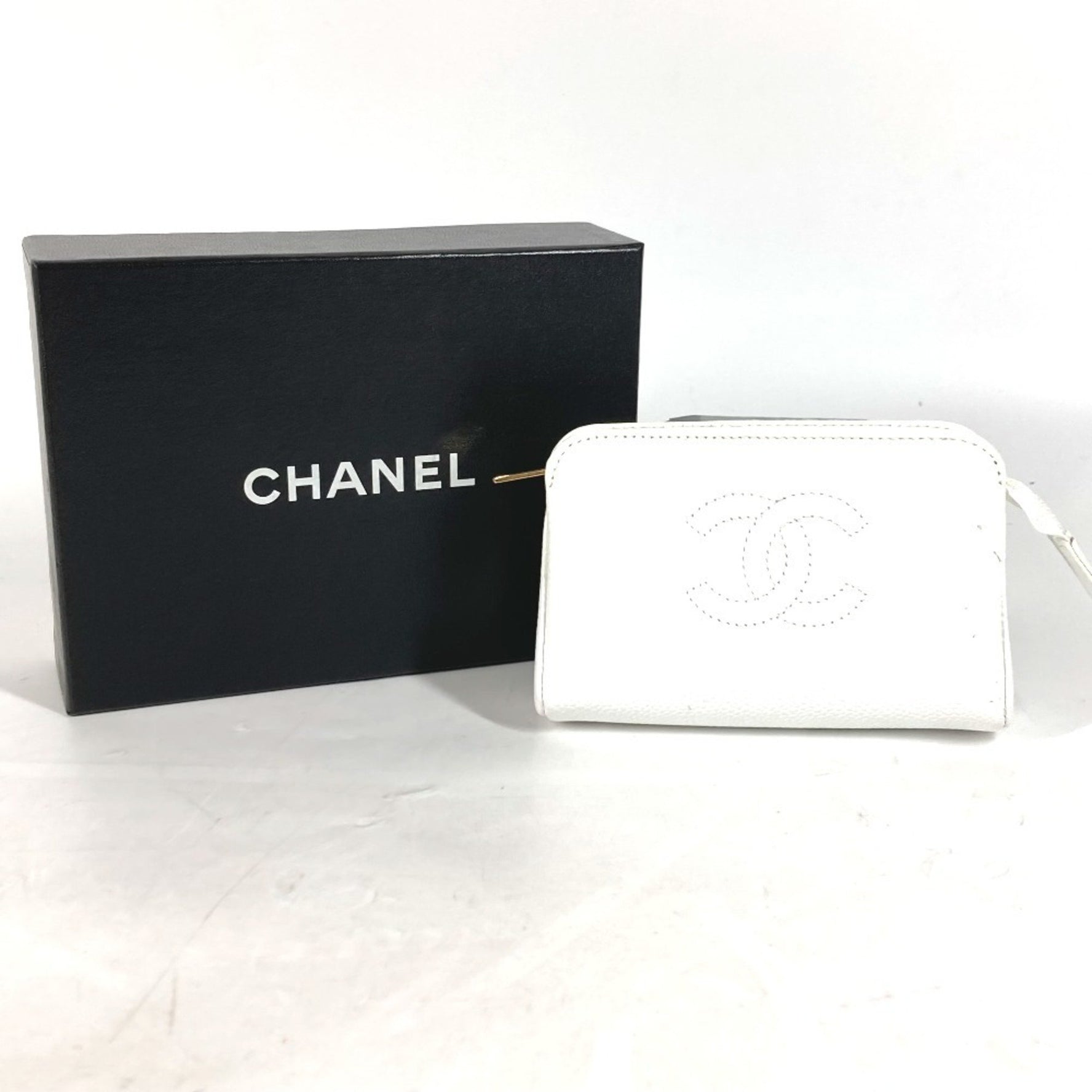 CHANEL Cigarette Case, CC Coco Mark, Makeup Pouch, Caviar Skin, Women's, White
