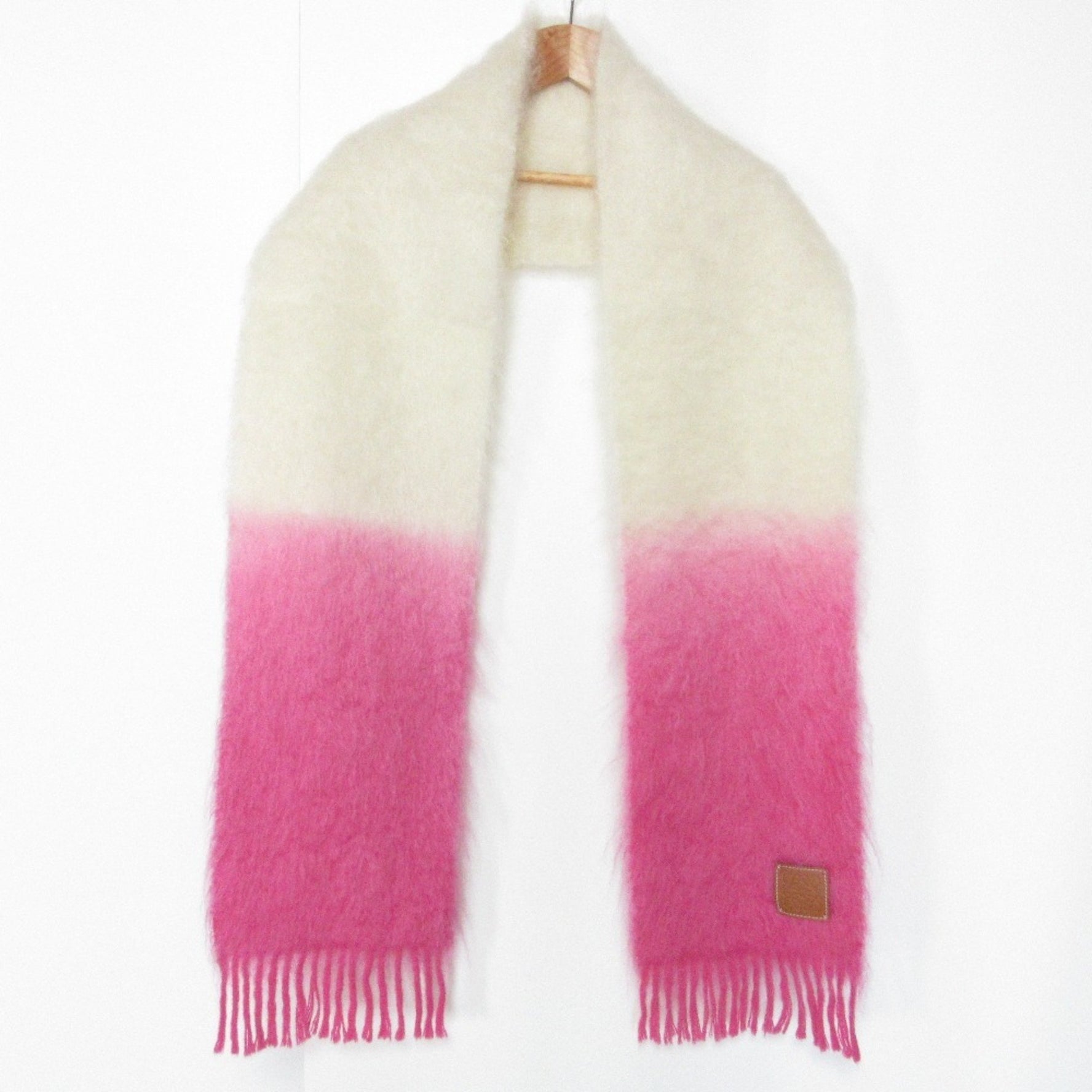 LOEWE Mohair Wool Anagram Patch Shaggy Scarf Pink White