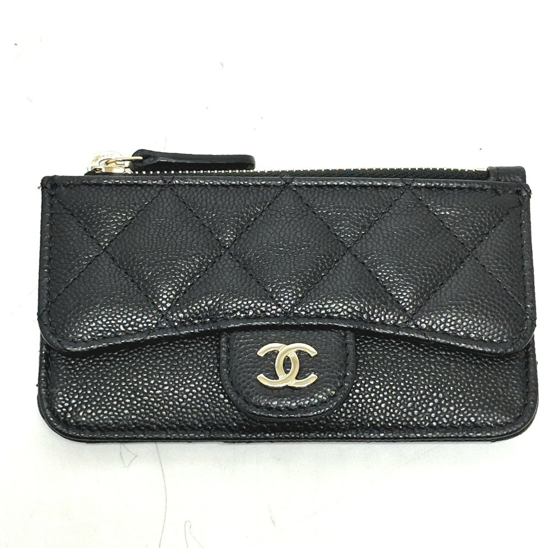 CHANEL Coco Mark Matelasse Classic Zip Business Card Holder/Card Case Wallet/Coin Caviar Skin