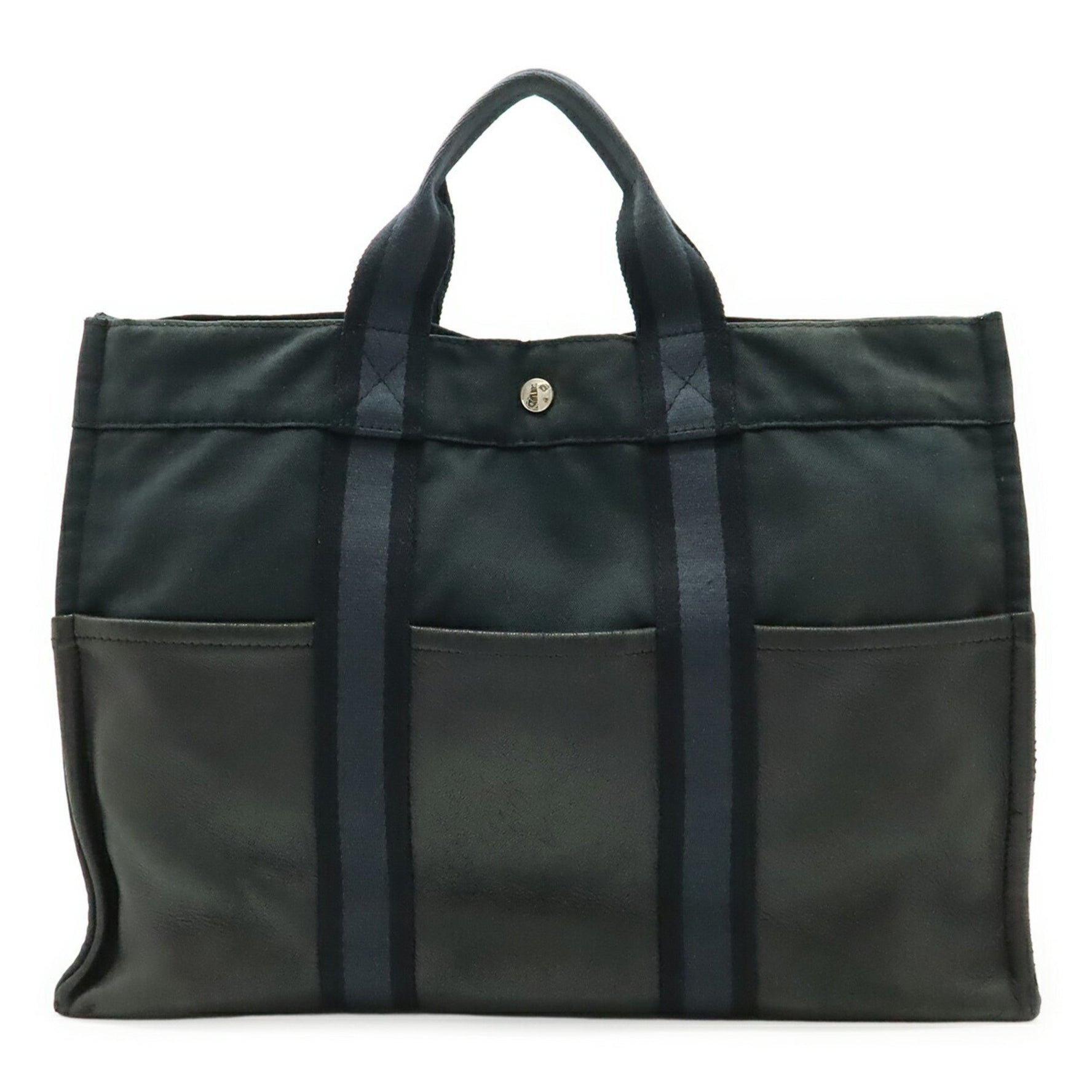 HERMES Hermès Foule Tote MM Half Leather Bag Handbag Canvas Black
