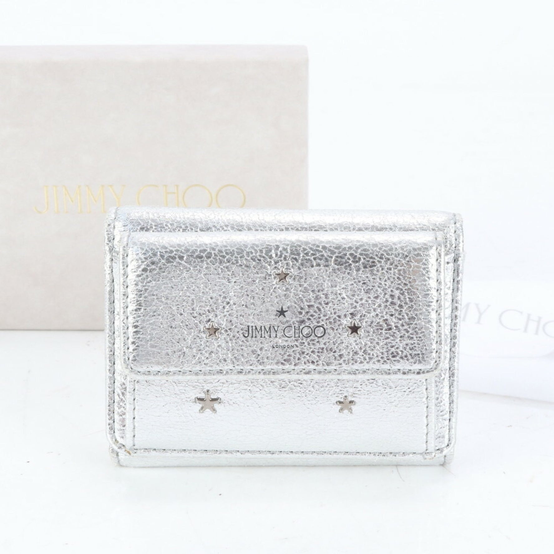 Jimmy Choo Nemo Star Stud Leather Tri-fold Wallet with Hologram Seal, Compact for Women