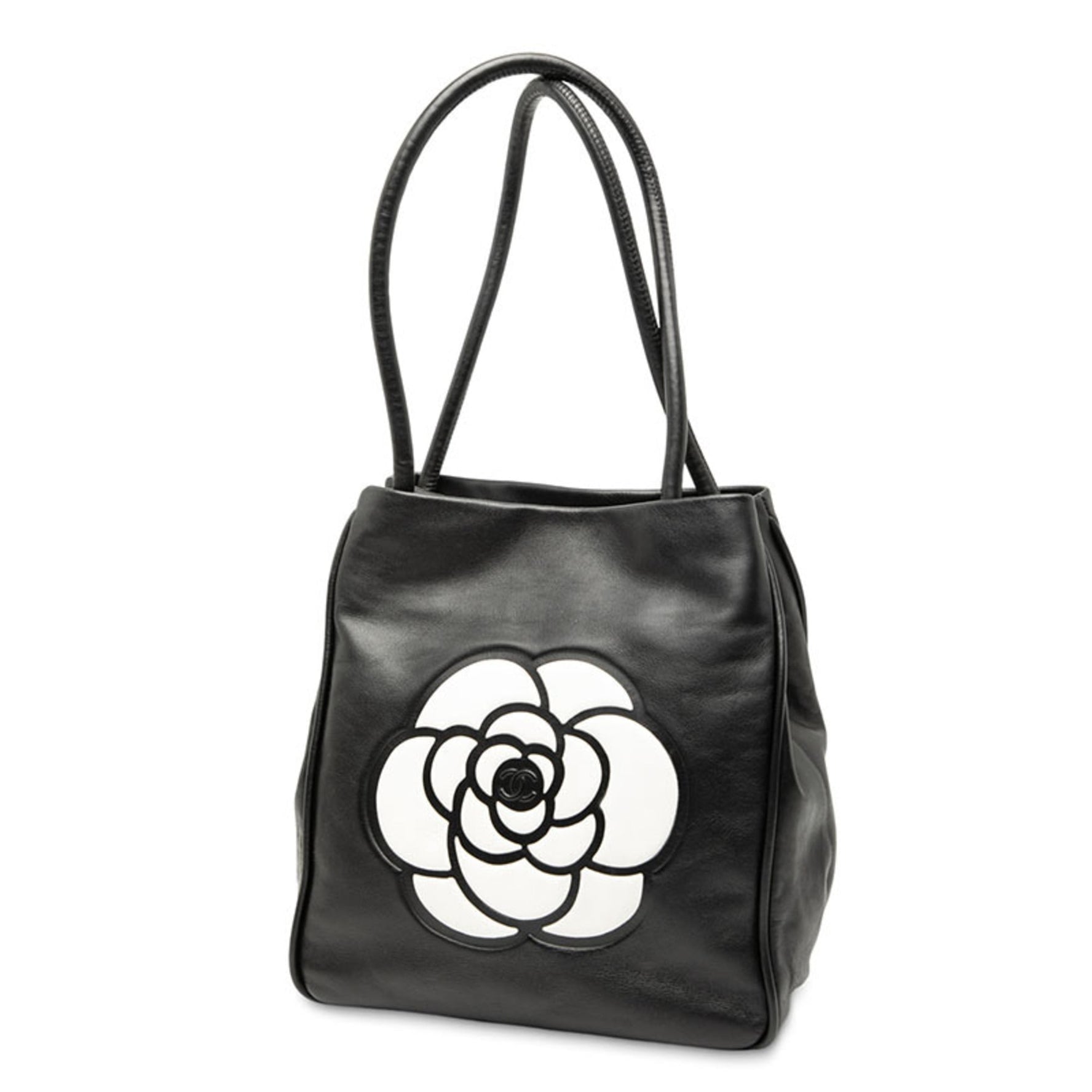 CHANEL Camellia Handbag Shoulder Bag Black White Leather
