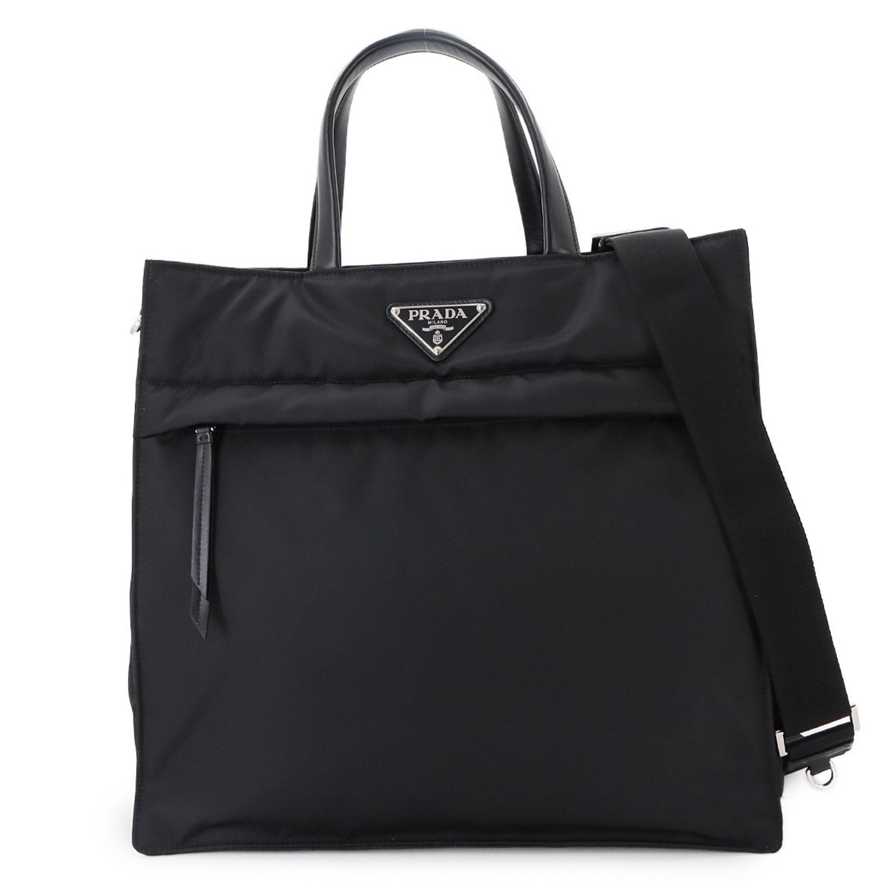 Prada 2-way tote shoulder bag in nylon and leather, black with silver hardware, 2VG076