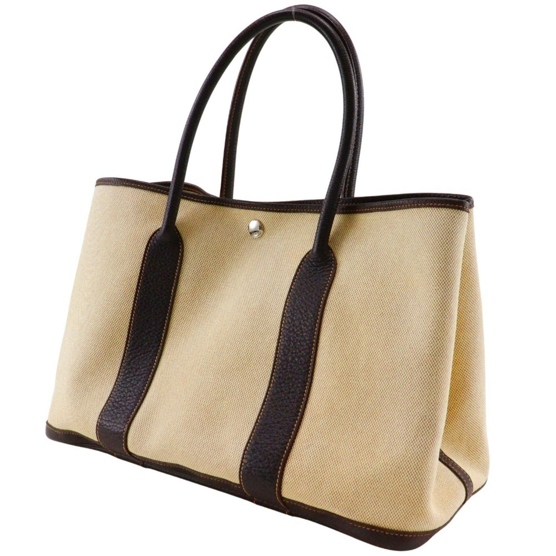 Hermes HERMES Garden PM Tote Bag Toile H Marron 2006 Beige/Brown J Snap Button Party Women's