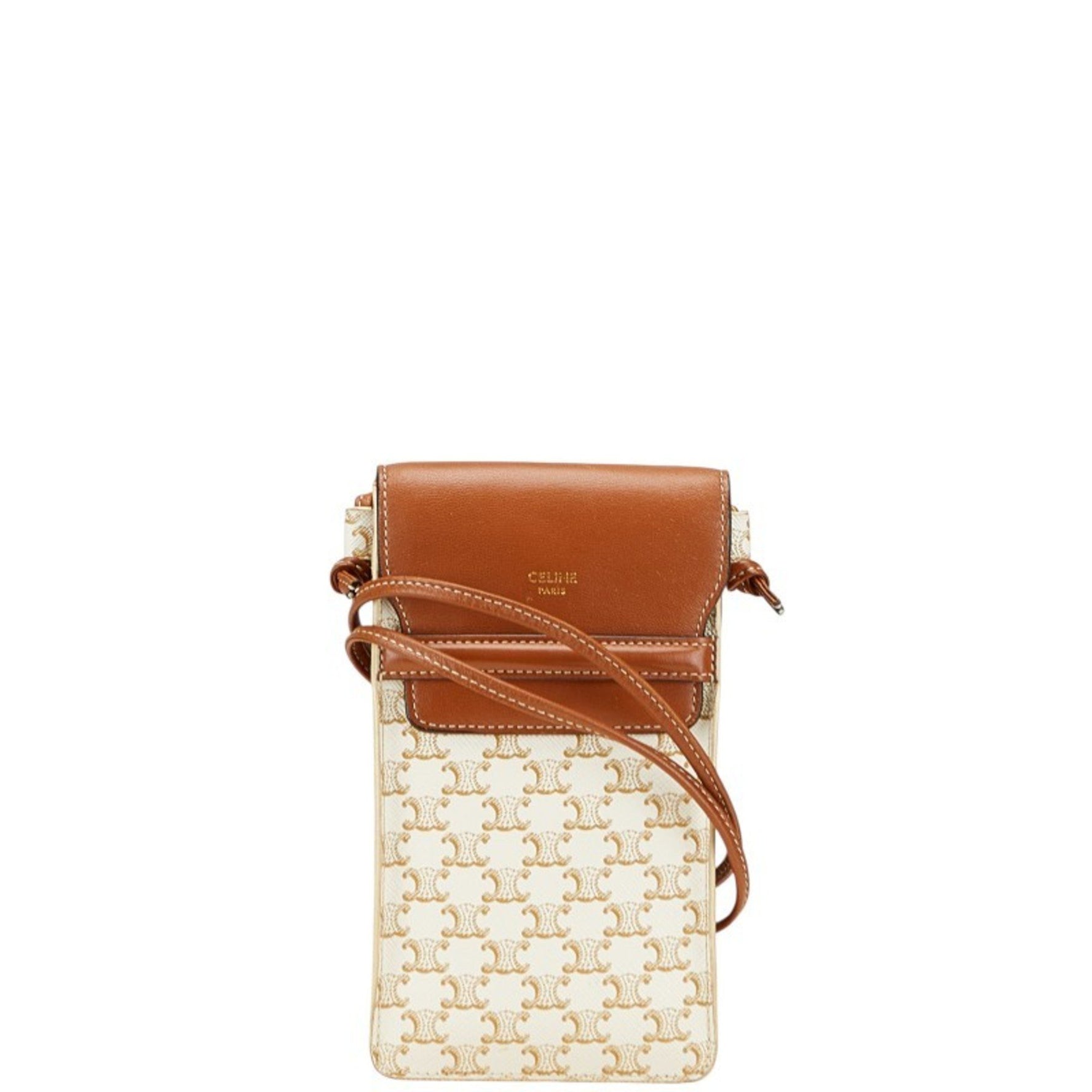 Celine Triomphe Crossbody Shoulder Bag with Phone Case in White and Brown Leather