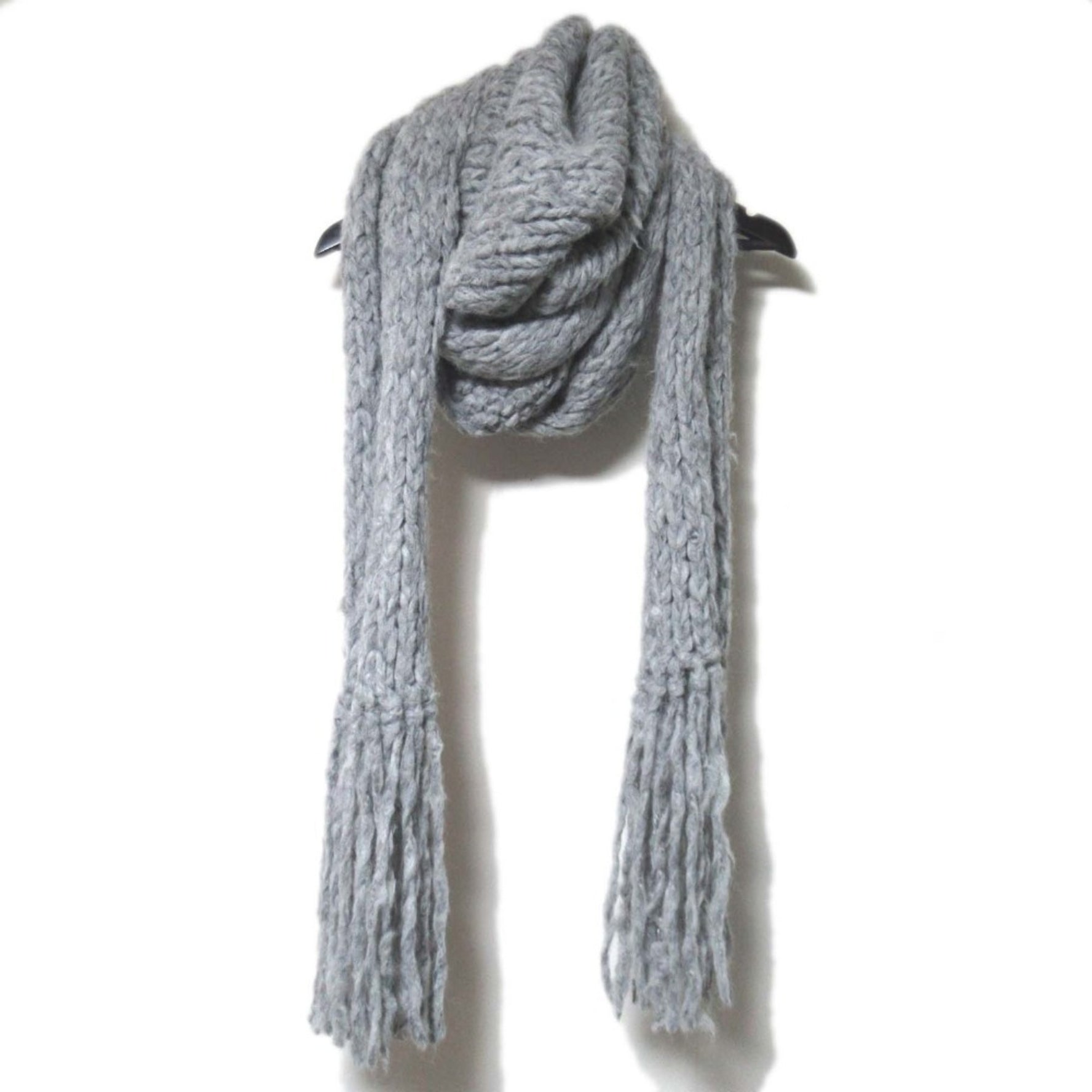 HERMES Alpaca fox wool knit turtleneck fringe long scarf TU gray ladies